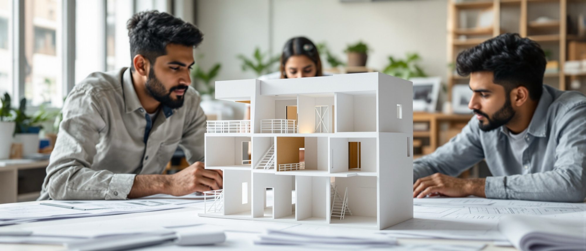 Architecture students studying a multi-level building model with stairs and split floors — planning in section as well as plan.