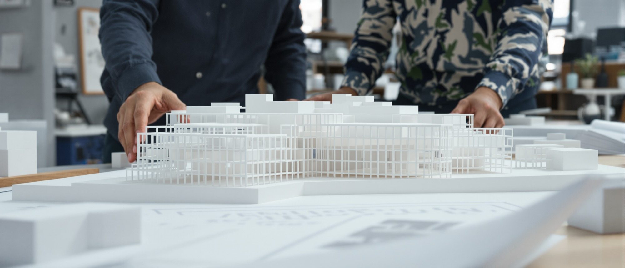 Architecture students presenting a scaled model and drawings at a studio review — communicating the design.