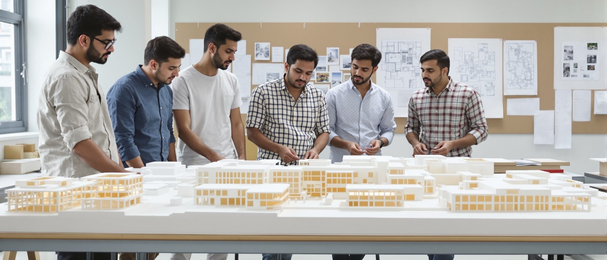 Architecture students at a studio jury with a white massing model of a mid-scale mixed-use complex — where programming becomes form.