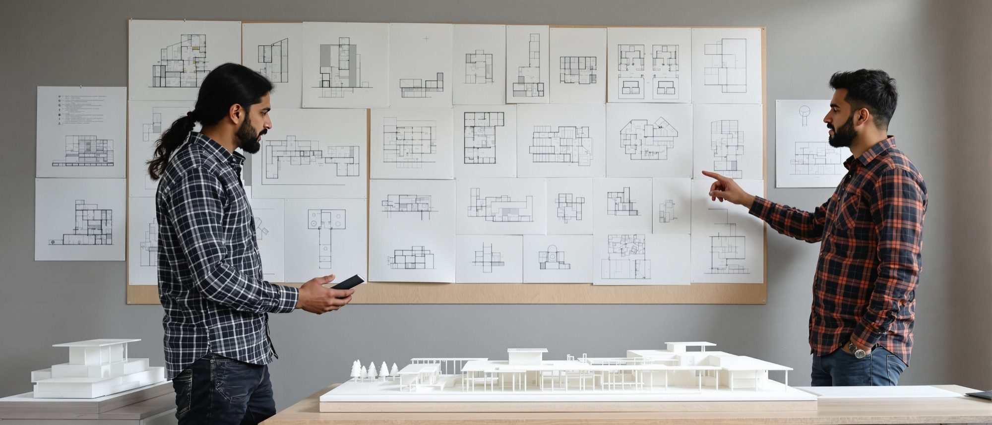 A design jury — a wall of pinned-up plans, sections and elevations beside a detailed white scaled model, the studio's deliverable.