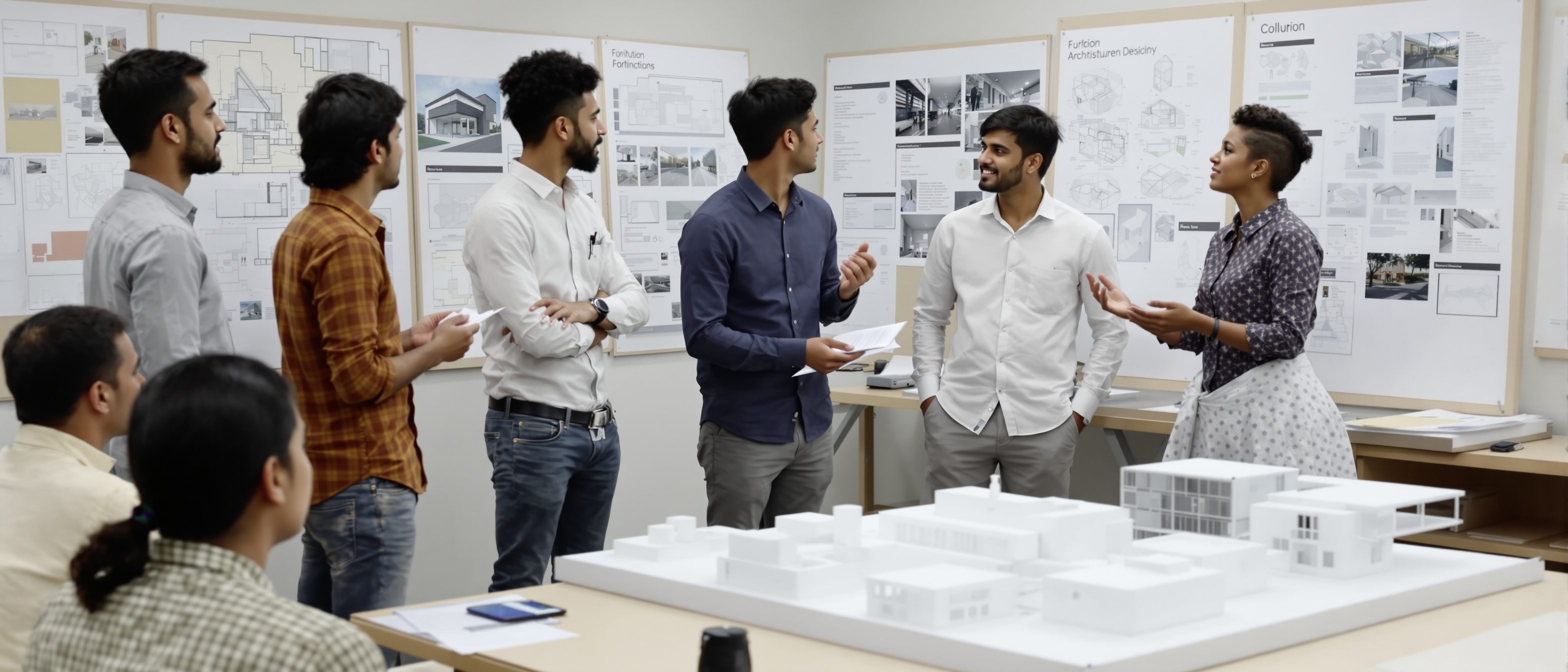 An architecture design jury — students presenting pinned-up boards and a detailed building model to a seated panel: a comprehensive design defended at the crit.
