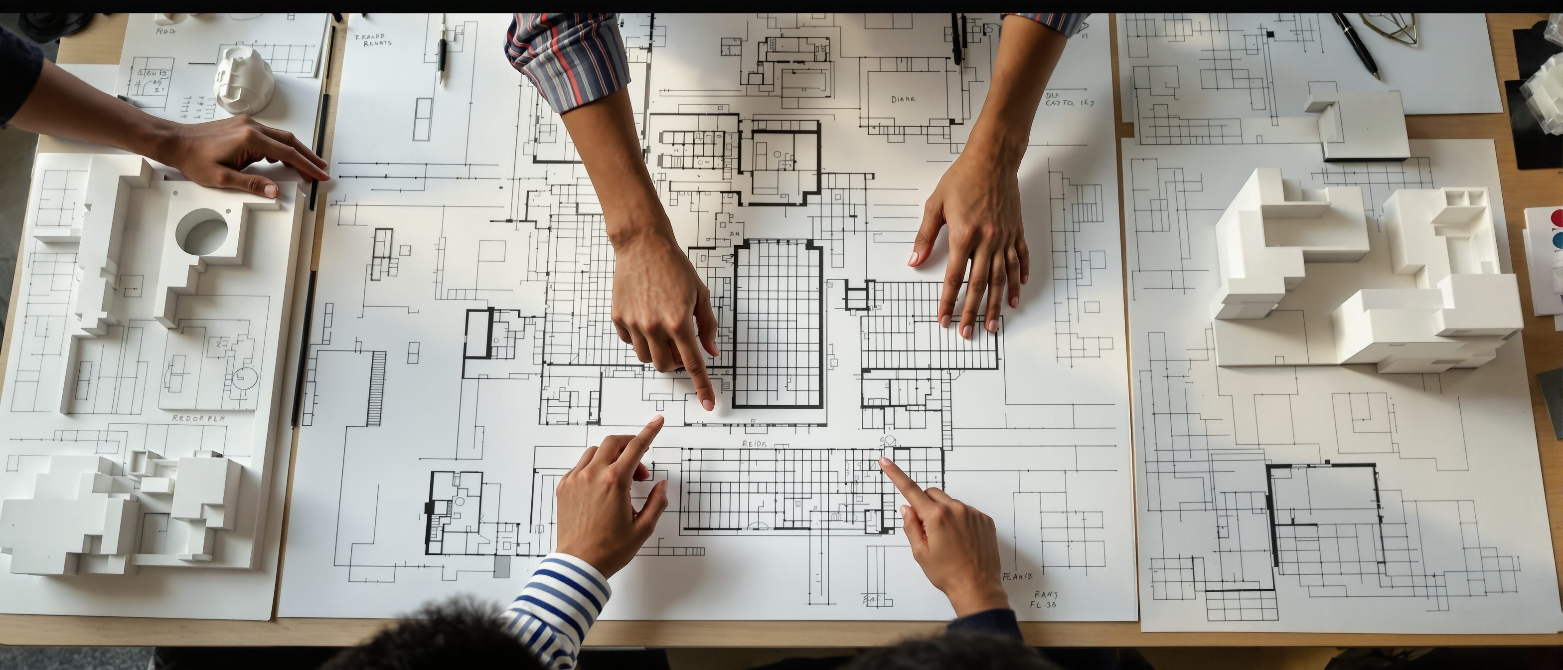 A studio table of bubble-diagram zoning sketches, floor-plan layouts and a white massing model — programming a complex building, zone by zone, before a single wall is drawn.