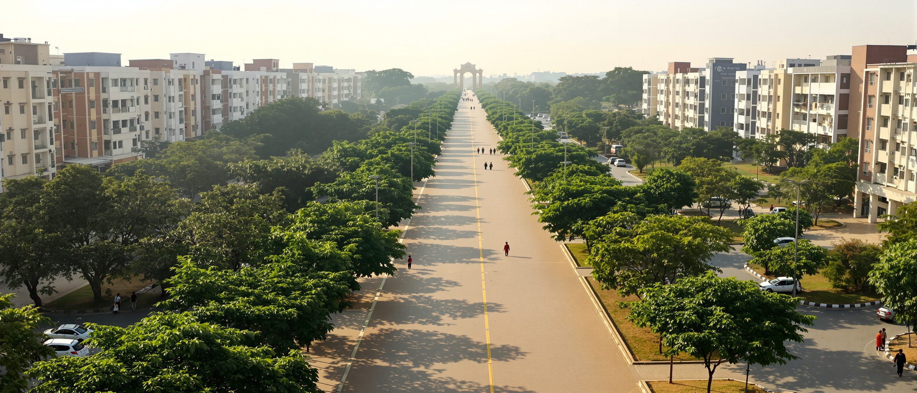 A wide shaded pedestrian spine running through a large Indian campus — a tree-lined paved walkway connecting multi-storey buildings, with vehicle roads and parking kept to the edges, people walking the car-free core.