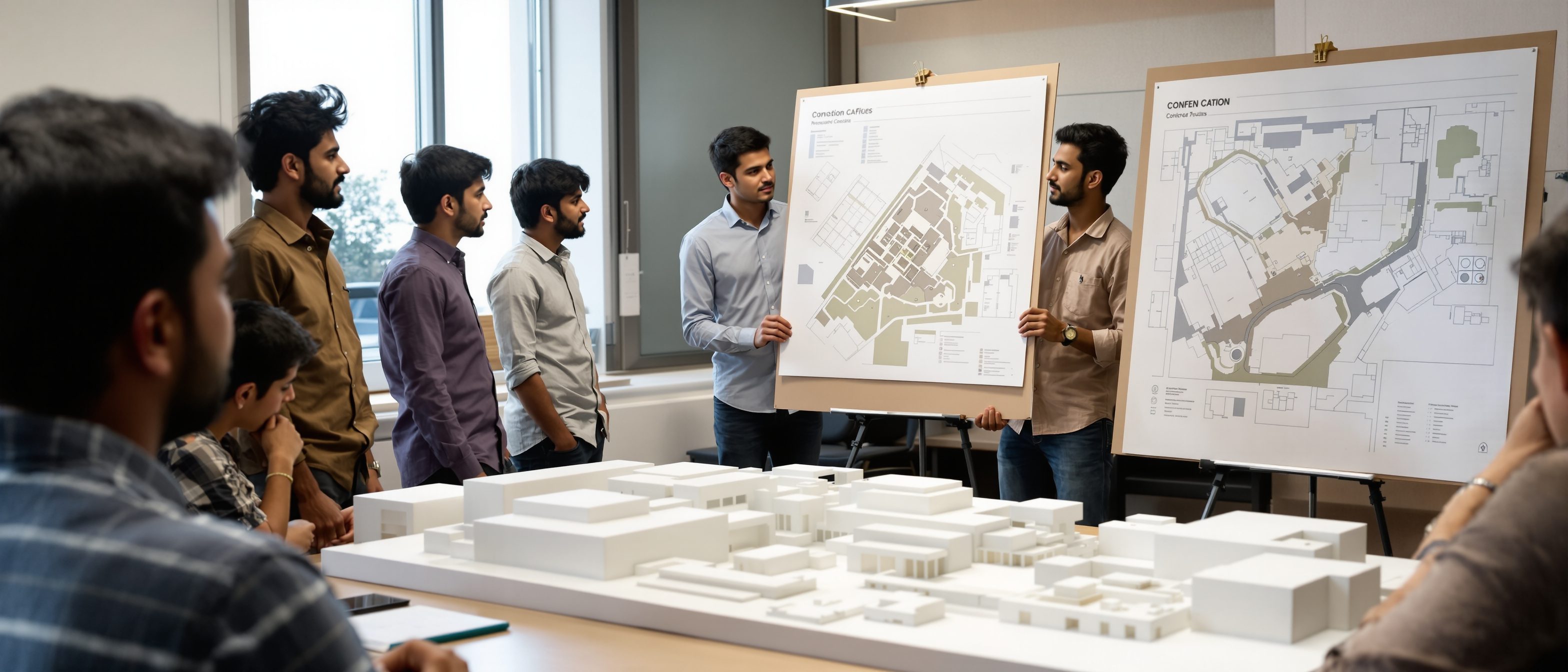 A studio jury review of an urban-scale design project in India — young Indian architecture students presenting large site plans, concept diagrams and a detailed physical campus model pinned up on a wall to a panel of reviewers.