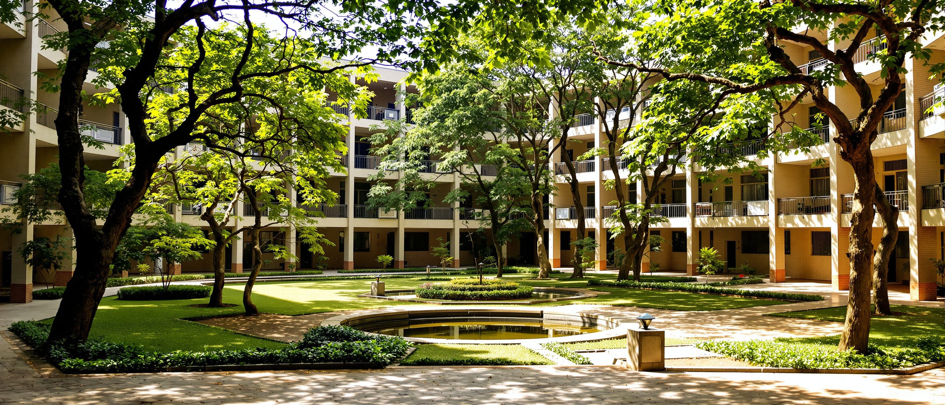 A shaded landscaped courtyard at the heart of an Indian institutional campus — multi-storey blocks orientated to cast shade over a green court with trees and a water body, designed for the hot climate.