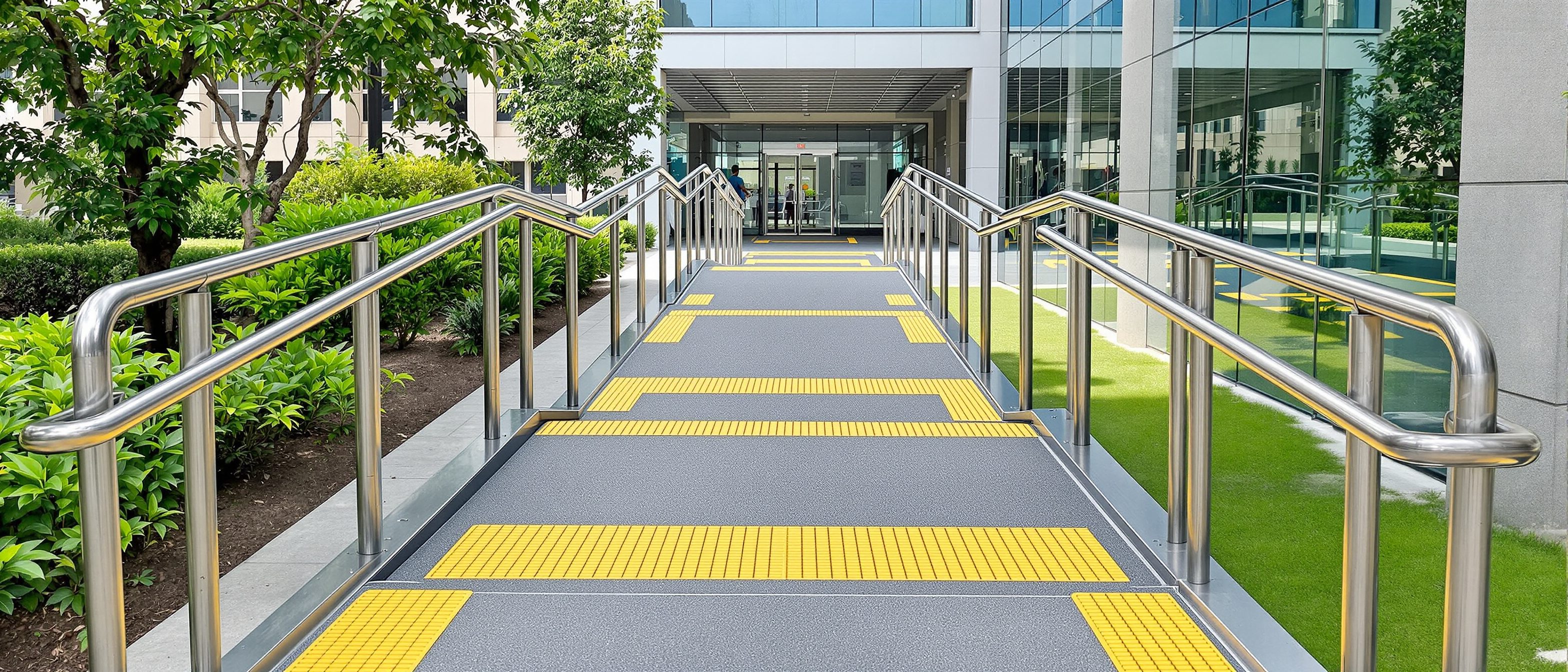 A gently sloping accessible ramp with stainless-steel handrails and yellow tactile-paving guidance leading to the entrance of a modern Indian campus building, a wheelchair-friendly barrier-free route designed for all users.