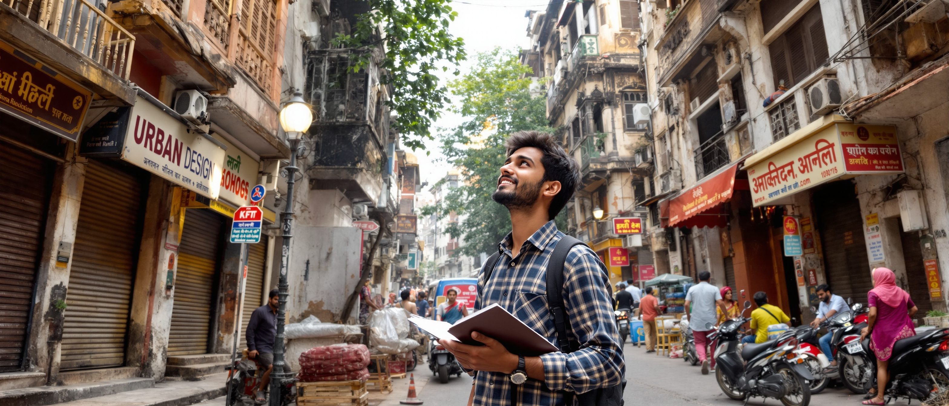 An Indian urban design student with a notebook surveying a dense old city street, looking up at the built fabric, frontages and street life of a historic precinct.