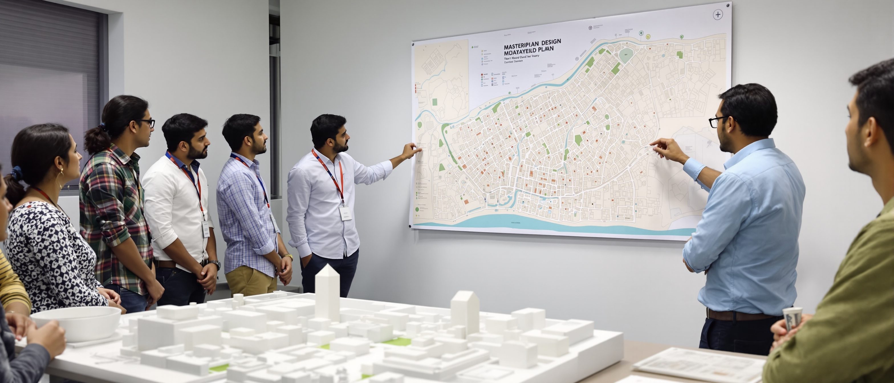 An Indian urban design studio jury — students presenting a large illustrative masterplan and a city model on the wall to reviewers seated around a table, mid-discussion.
