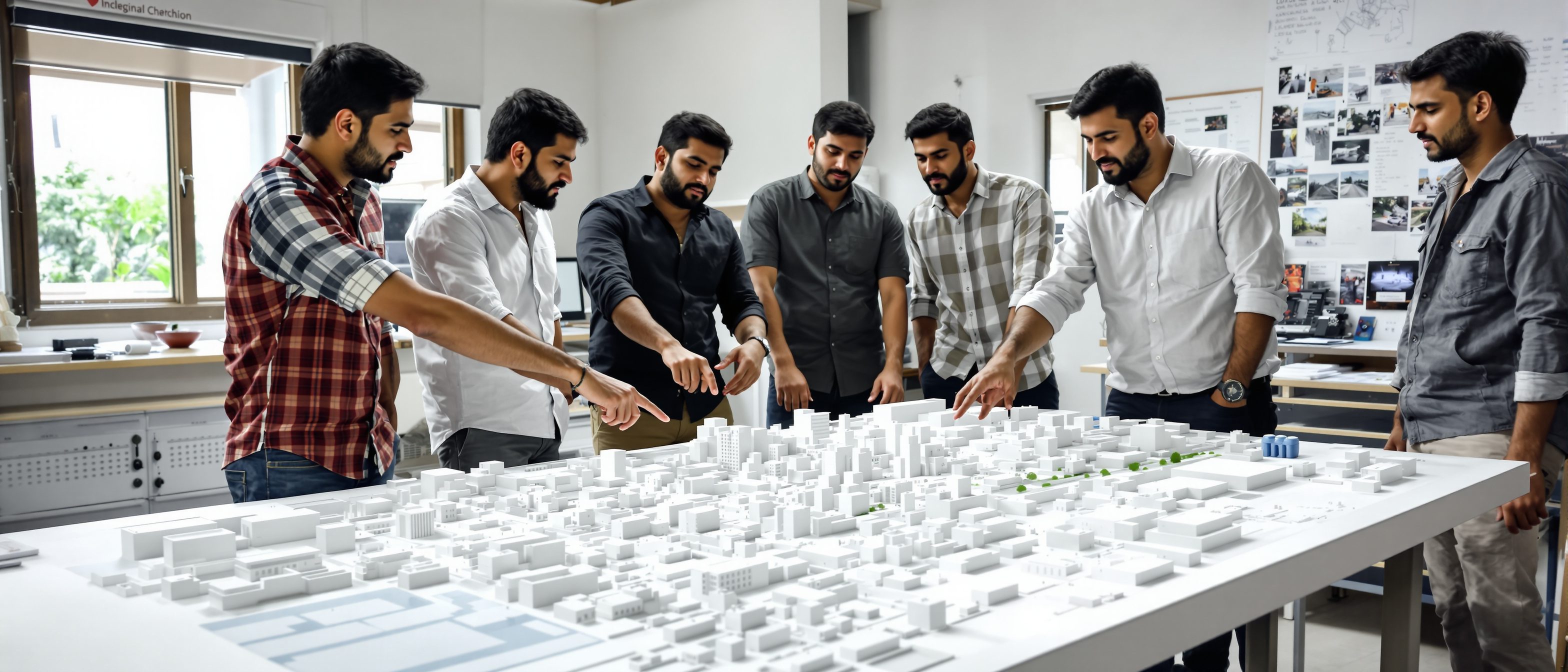 Indian architecture students gathered around a large urban masterplan and a city massing model in a design studio, pointing and discussing the public spaces between the blocks.