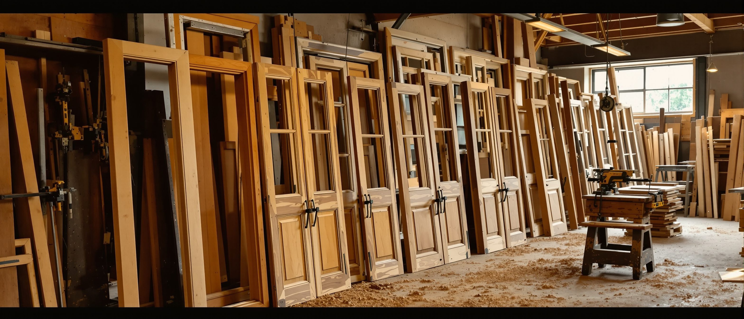 A carpentry workshop of newly made wooden door and window frames, joinery tools and stacked timber — the joinery a schedule keys and a detail sheet describes.