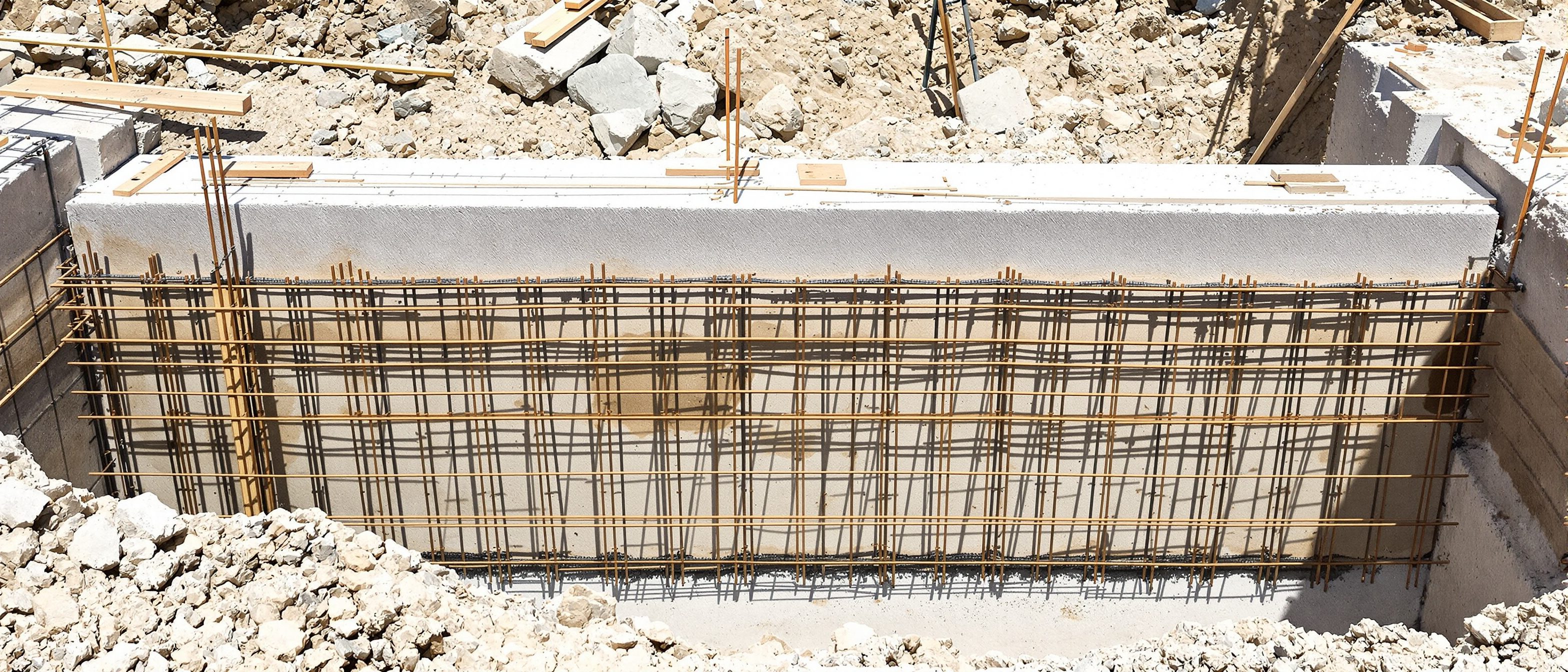 A foundation under construction — footing reinforcement cages, a plinth beam and timber formwork in the trench: the structure the foundation plan sets out, before any backfill.