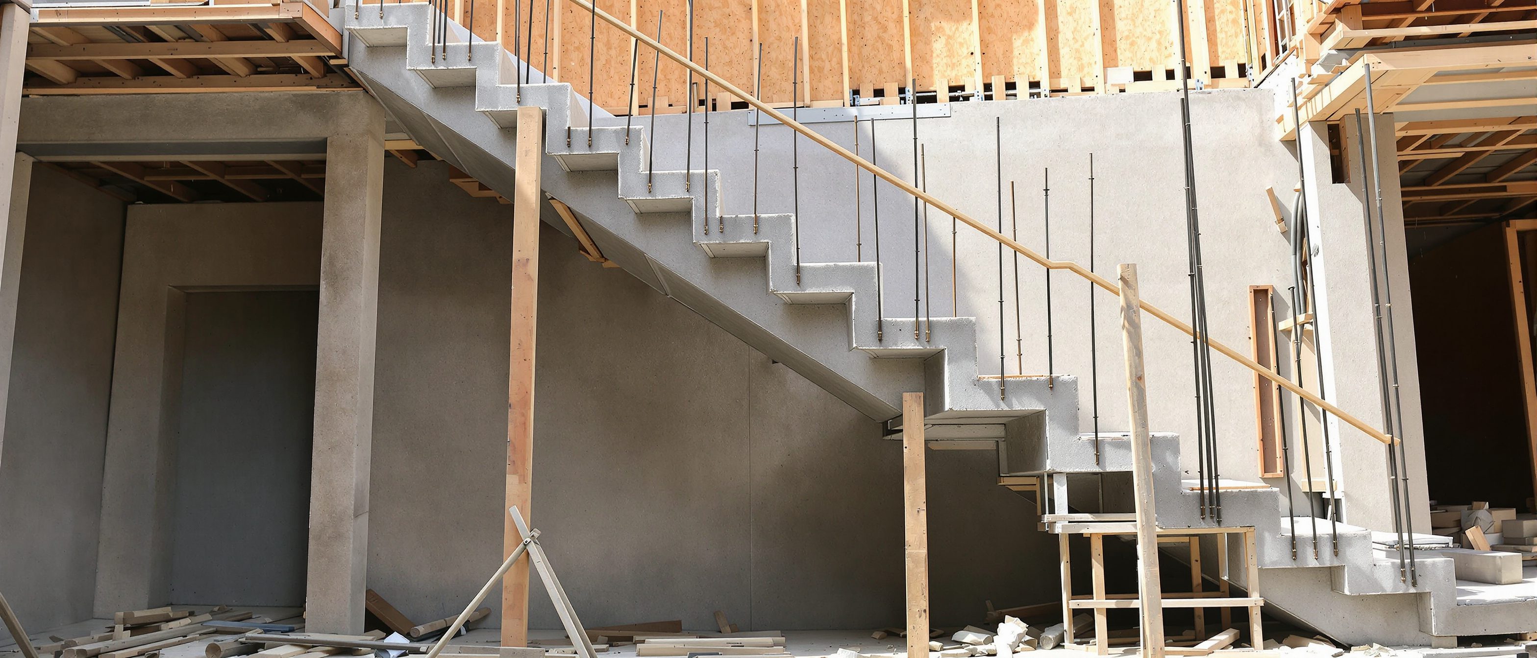 A reinforced-concrete dog-legged staircase under construction with formwork and reinforcement bent to the flight and mid-landing — stair geometry and detailing built into shape.