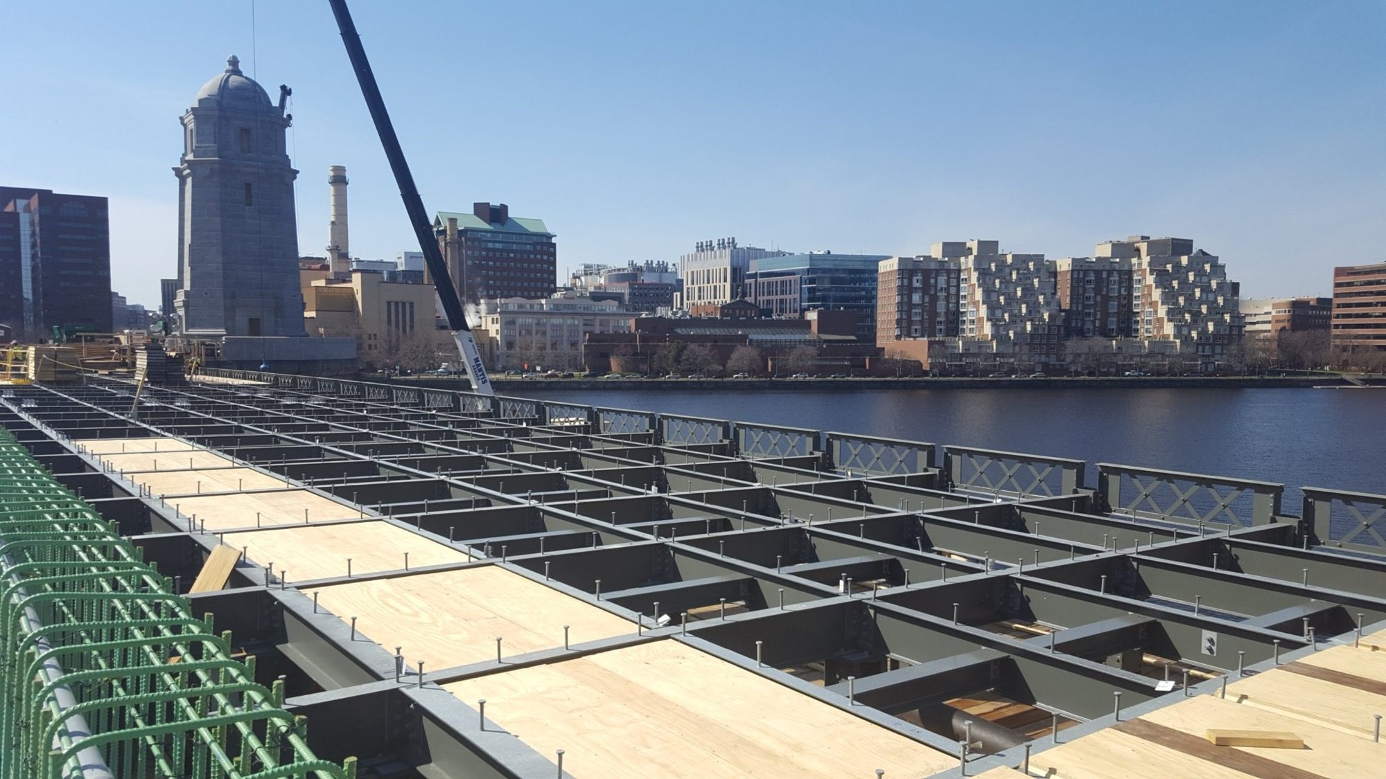 Reinforcement for reinforced-concrete beams in place within the formwork before casting.