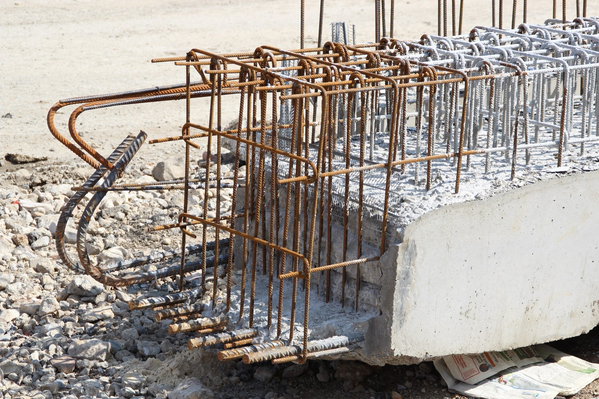 Reinforcement steel in place for a reinforced-concrete foundation before the concrete pour.