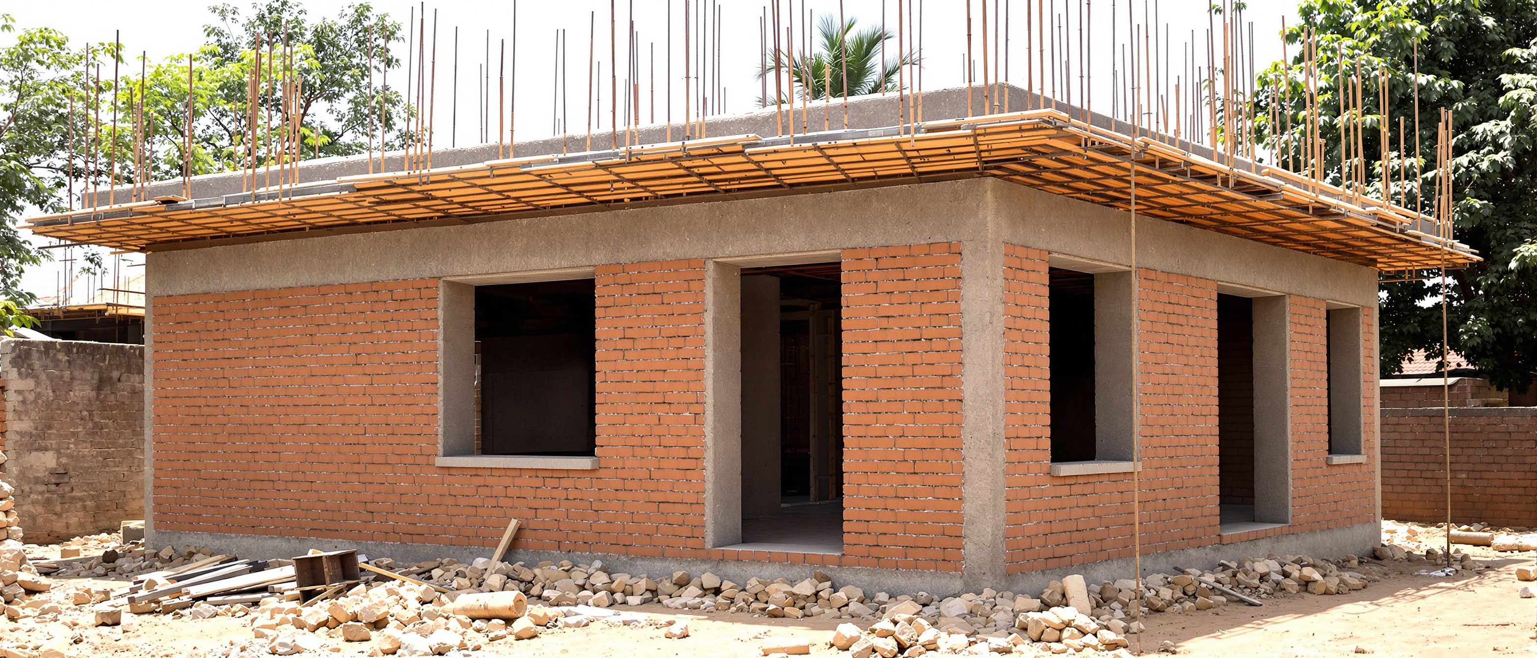 A masonry house under construction in rural India showing a horizontal reinforced-concrete seismic lintel band running around the walls above the windows and vertical reinforcement at the corners — earthquake-resistant detailing for non-engineered construction.