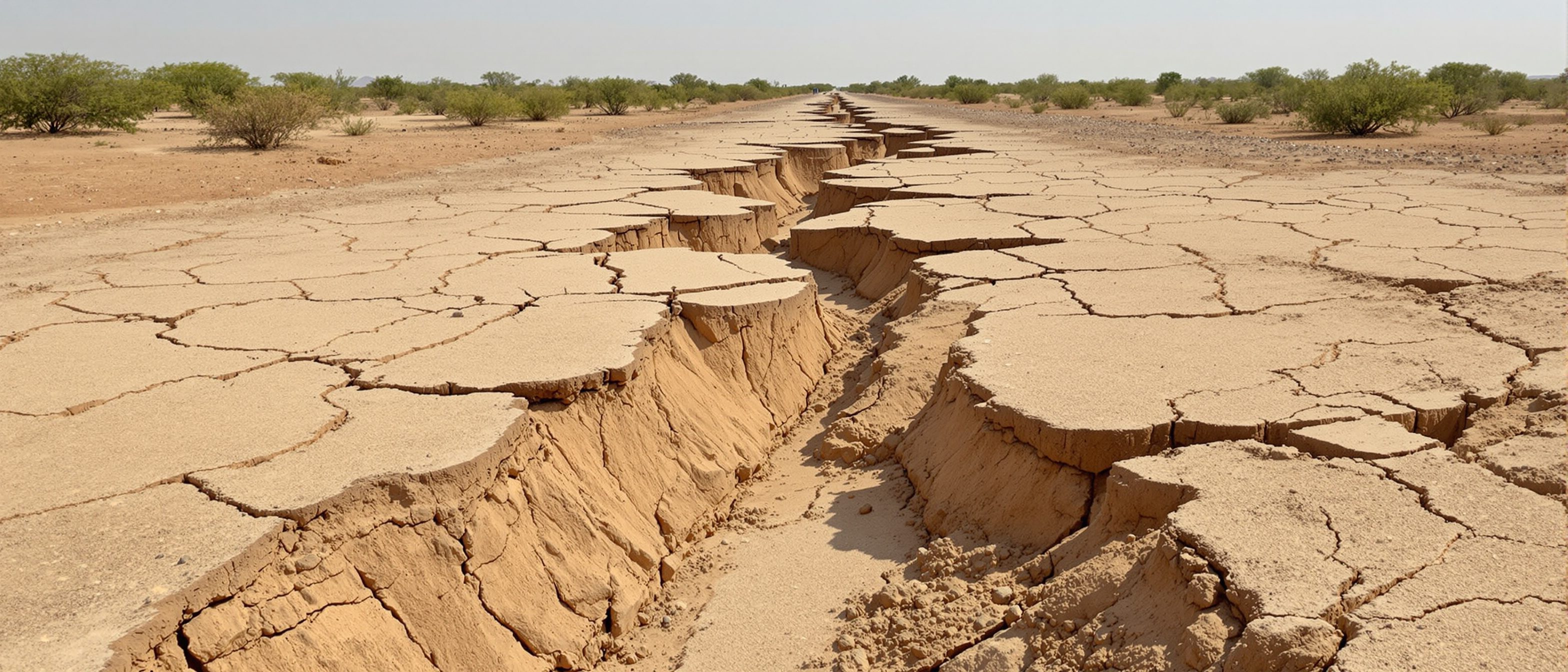 A wide view of cracked, ruptured ground along a fault line cutting across a dry Indian landscape after an earthquake, the earth visibly torn and shifted, the raw geology of a seismic event.
