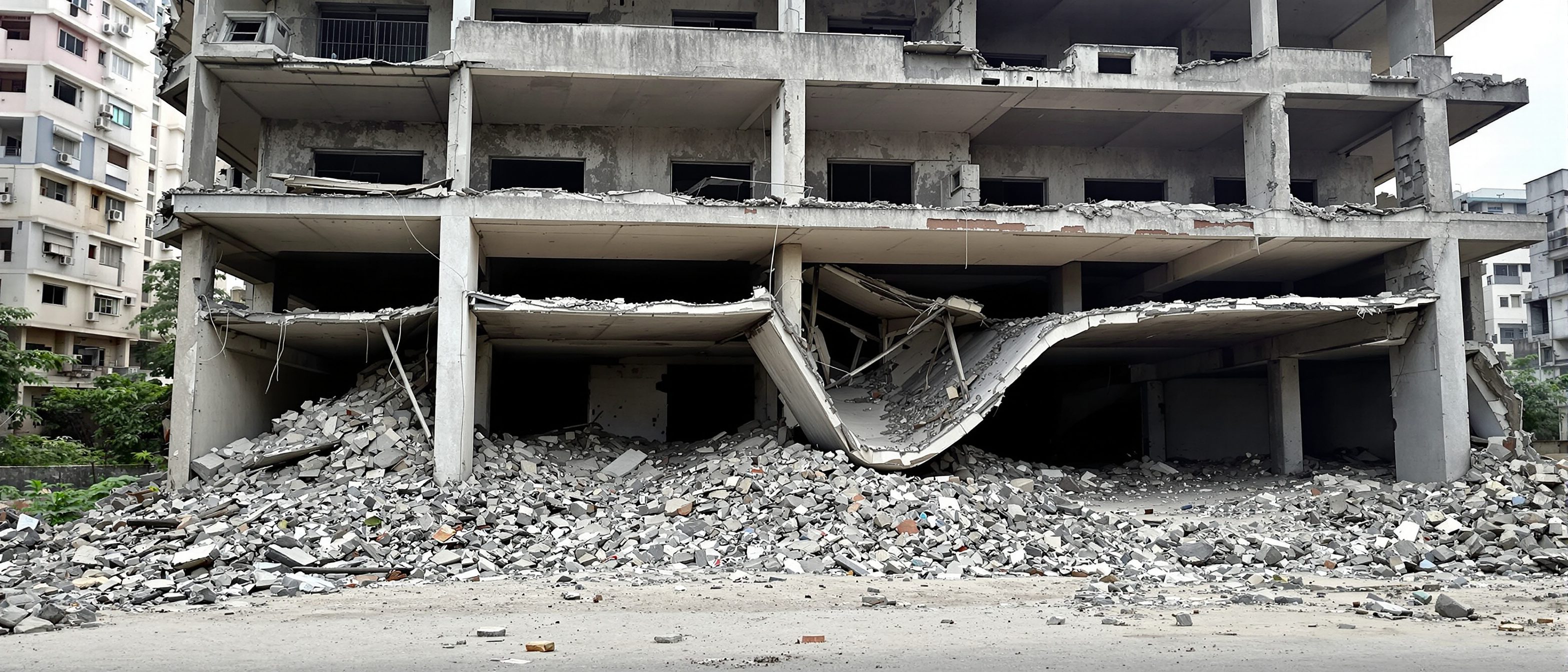 A reinforced-concrete building in India collapsed at its open ground storey after an earthquake — the upper floors slumped down onto a crushed stilt-parking level, the classic soft-storey failure pattern.