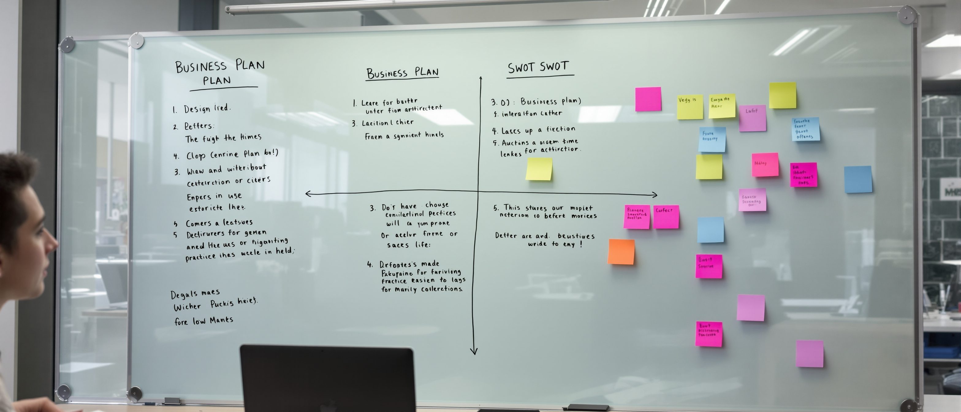 A whiteboard in a design studio filled with a hand-drawn business-plan and SWOT diagram in four quadrants, with sticky notes, beside a laptop, planning an architecture practice.