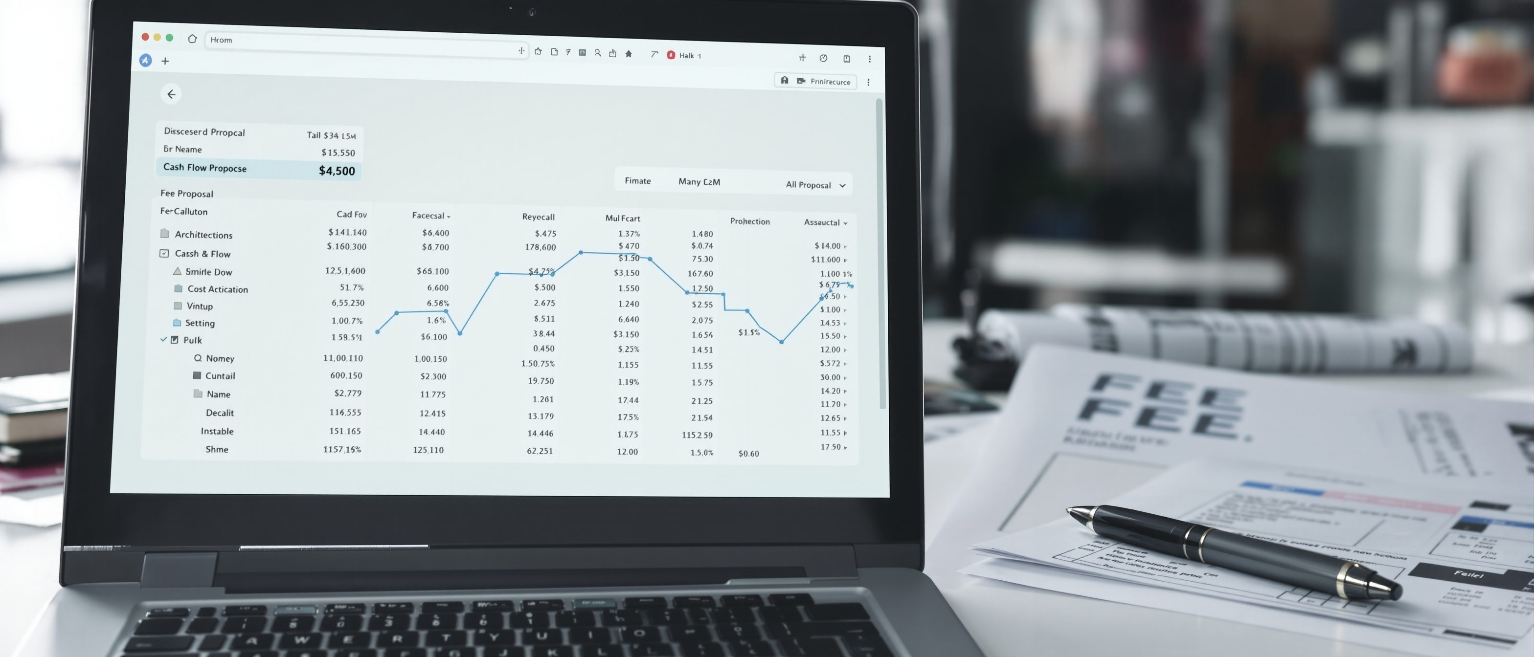 A desk with a laptop showing a simple financial spreadsheet and cash-flow chart beside a calculator and an architect's fee proposal, the money side of a practice.