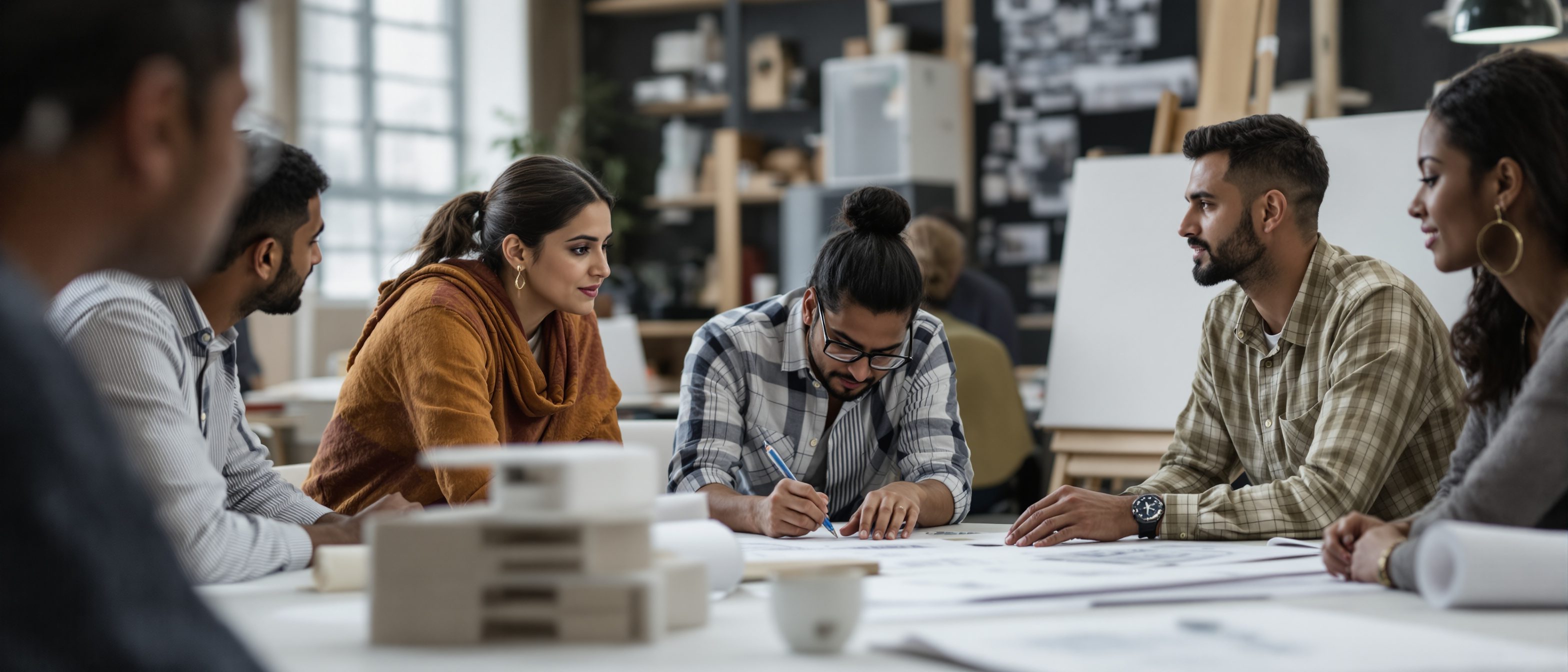 An Indian architect leading a small team meeting around a table in a design studio, models and drawings around, the leadership of a practice.