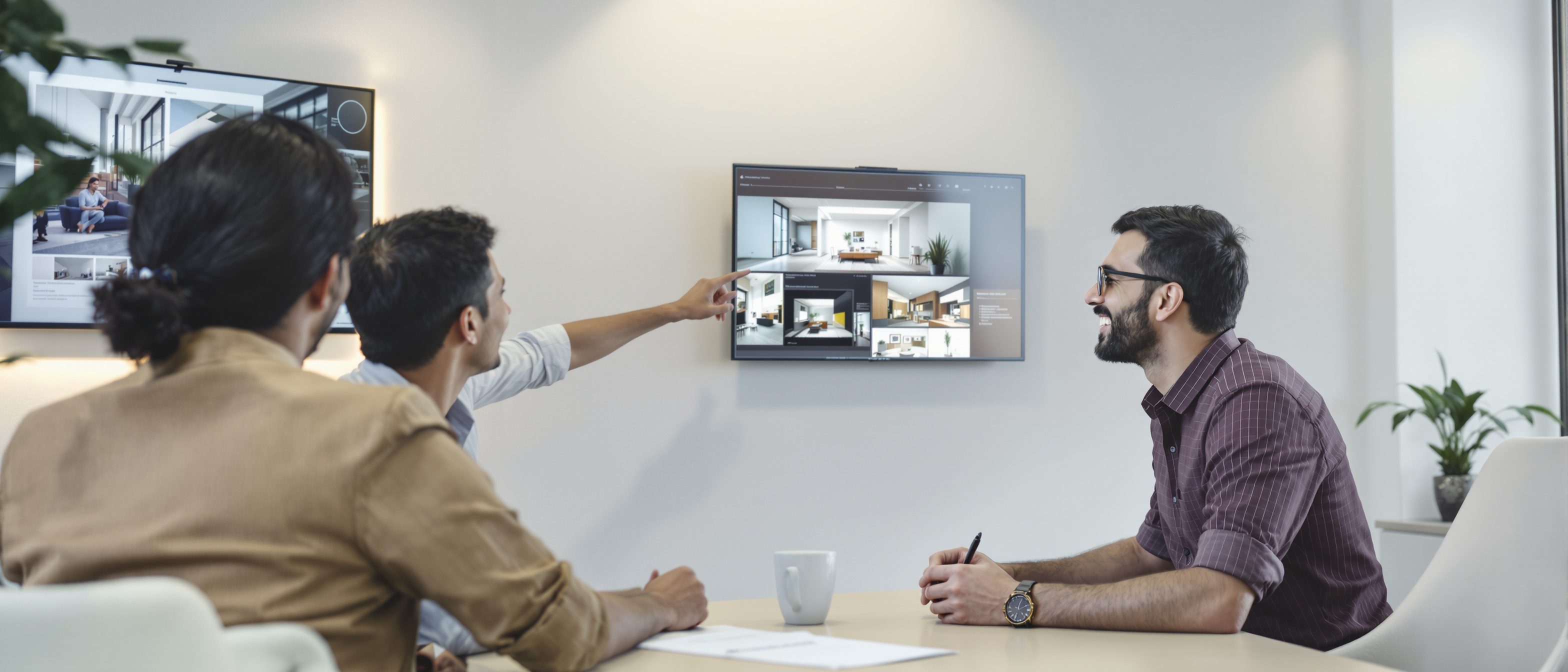 An Indian architect presenting a project portfolio on a screen to a smiling client across a table in a bright office, building the client relationship.