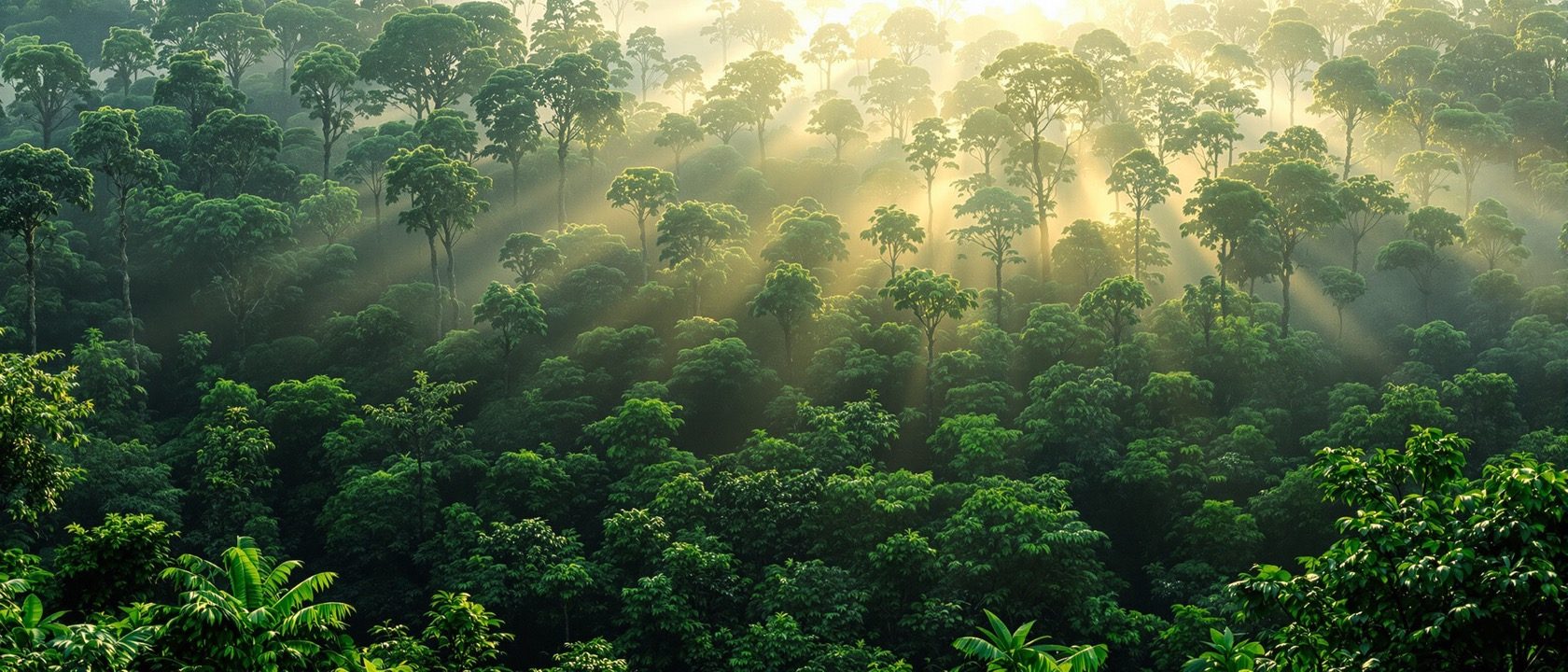 A layered tropical forest ecosystem in soft morning light — canopy, understorey and forest floor, sunbeams filtering through, dense green foliage, no people.
