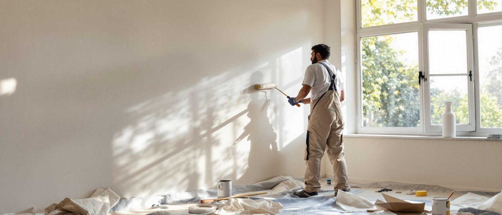 A painter in a well-ventilated interior rolling low-VOC emulsion onto a wall beside an open window, tins of paint and a respirator nearby — healthy indoor air on a fit-out, an Indian tradesperson.