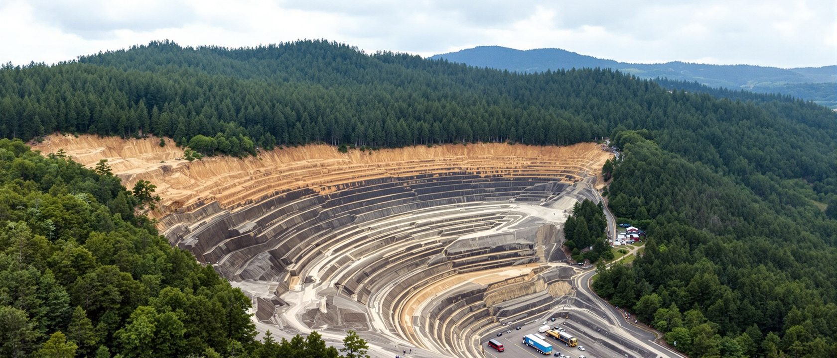 A hillside scarred by open-cast mining beside surviving forest — bare terraced earth on one side, green tree cover on the other, the boundary of resource extraction, no people.