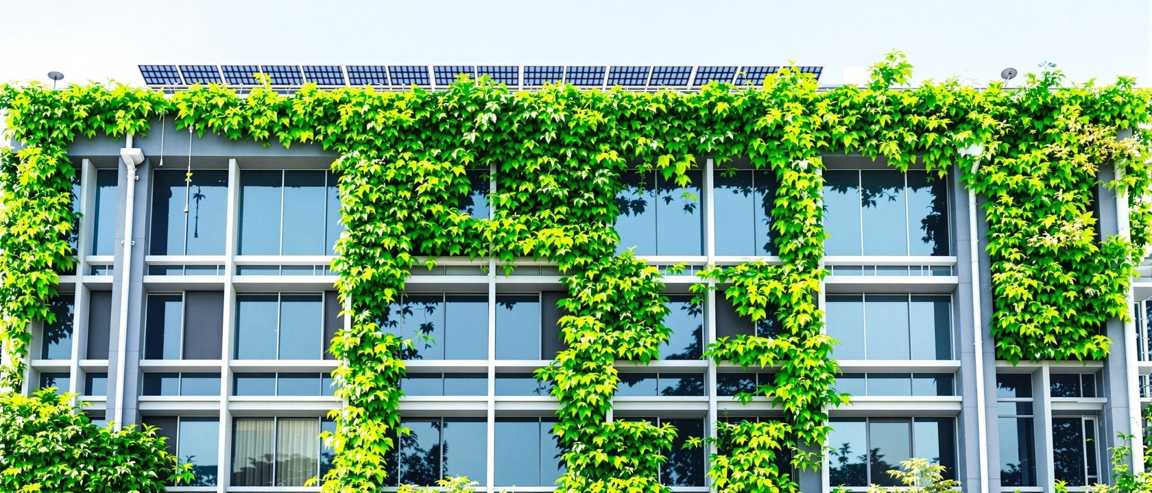 A modern Indian green building with a planted vertical garden facade, rooftop solar panels and rainwater downpipes feeding a recharge pit, bright daylight, no people.
