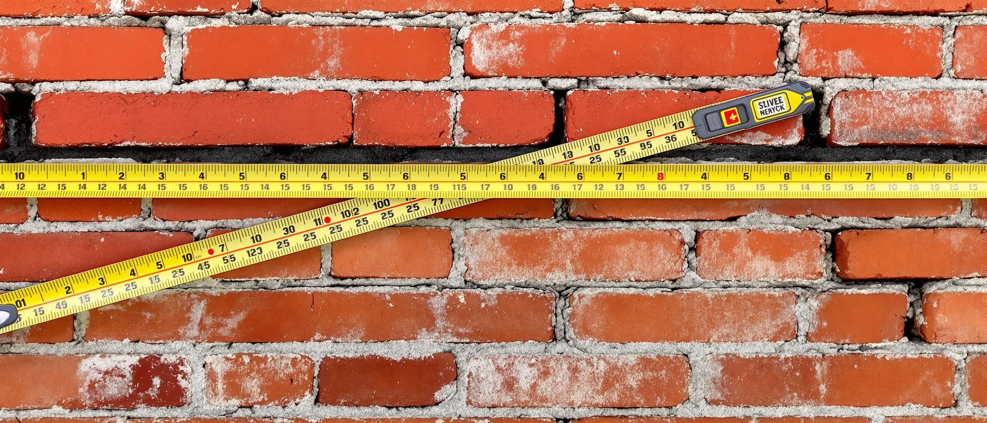 A steel measuring tape stretched along a brick wall — the take-off, where every element is measured as No. × length × breadth × height to IS 1200 rules.