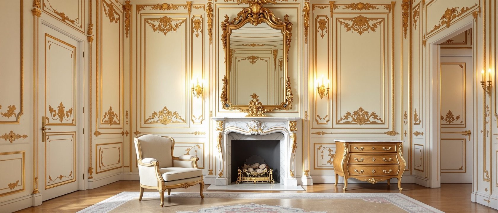 An opulent Rococo salon interior — pastel boiserie panelling with curved gilt-edged panels, a large mirror over a marble fireplace, a bergère armchair and a commode with a marble top, gilded and light-filled, no people, no legible text.