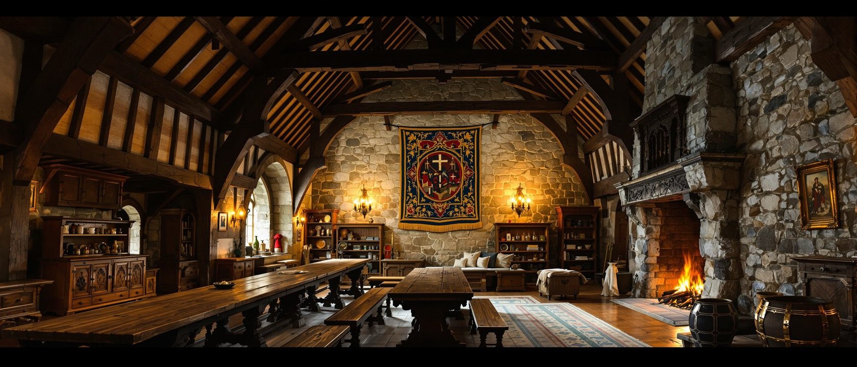A medieval great hall interior — a high timber-beamed roof, a long trestle table with benches, a great carved chest, a tapestry on the stone wall and a large fireplace, warm firelight, no people, no legible text.