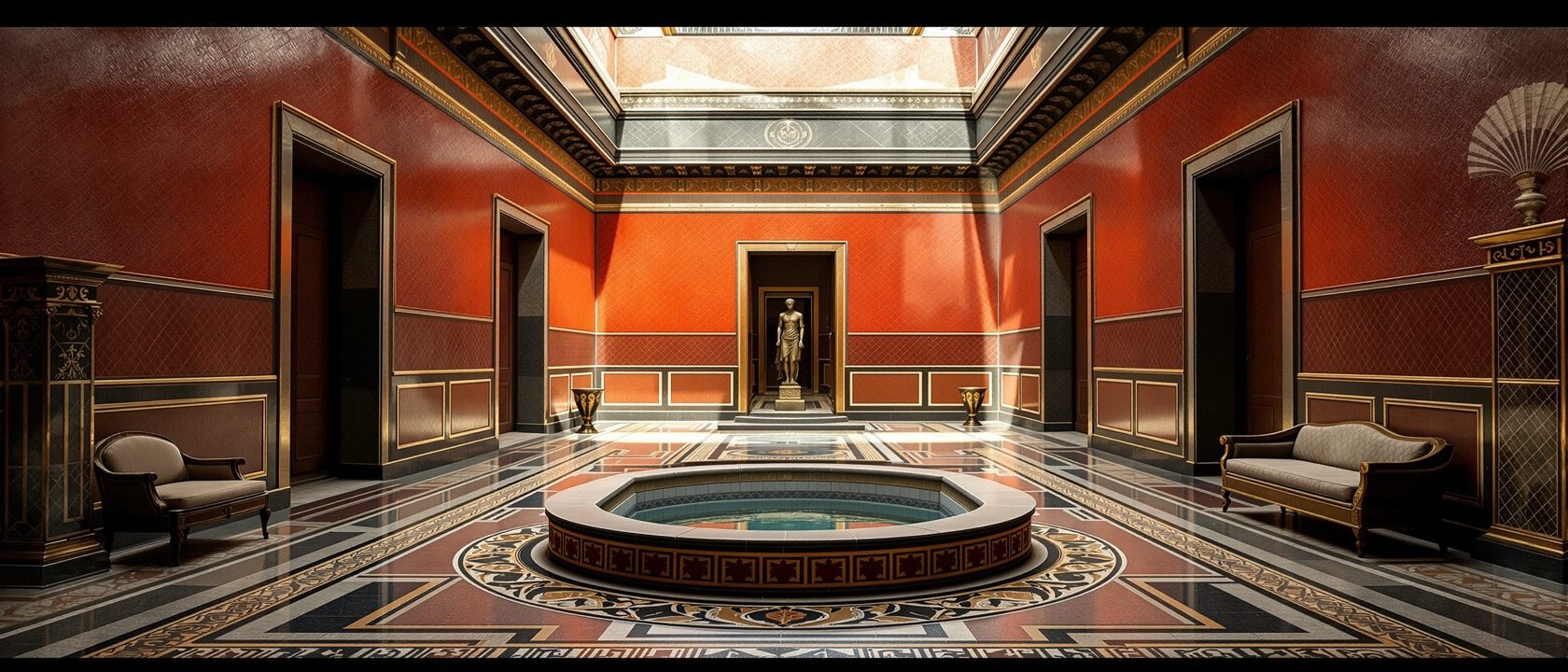 A reconstructed ancient Roman domus interior — an atrium with a central roof opening and water basin, red-and-black Pompeian wall painting, a mosaic floor and a bronze couch, warm daylight, no people, no legible text.