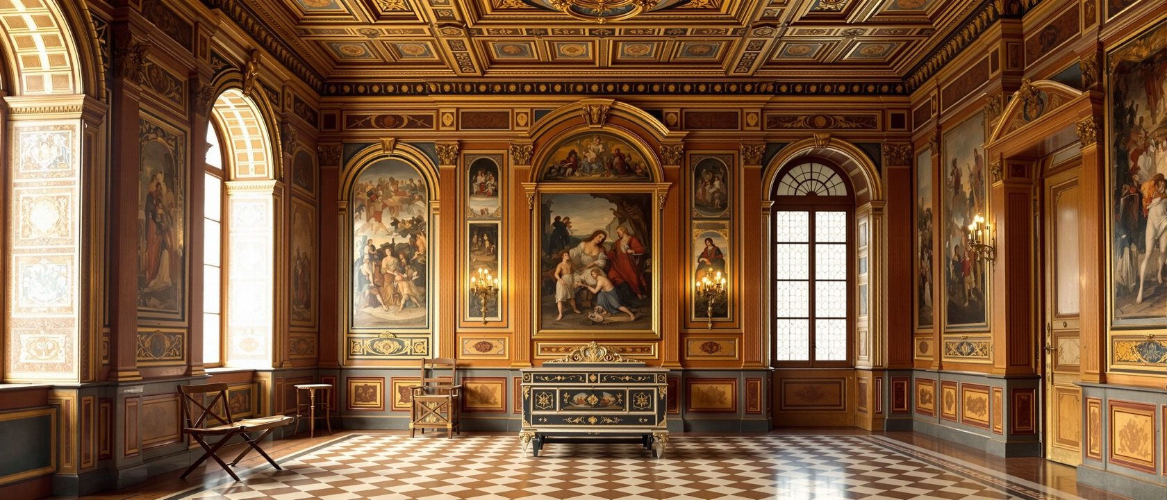An Italian Renaissance palazzo interior — a coffered ceiling, frescoed and intarsia-panelled walls, a carved cassone marriage chest and a Savonarola X-frame chair, warm daylight through arched windows, no people, no legible text.