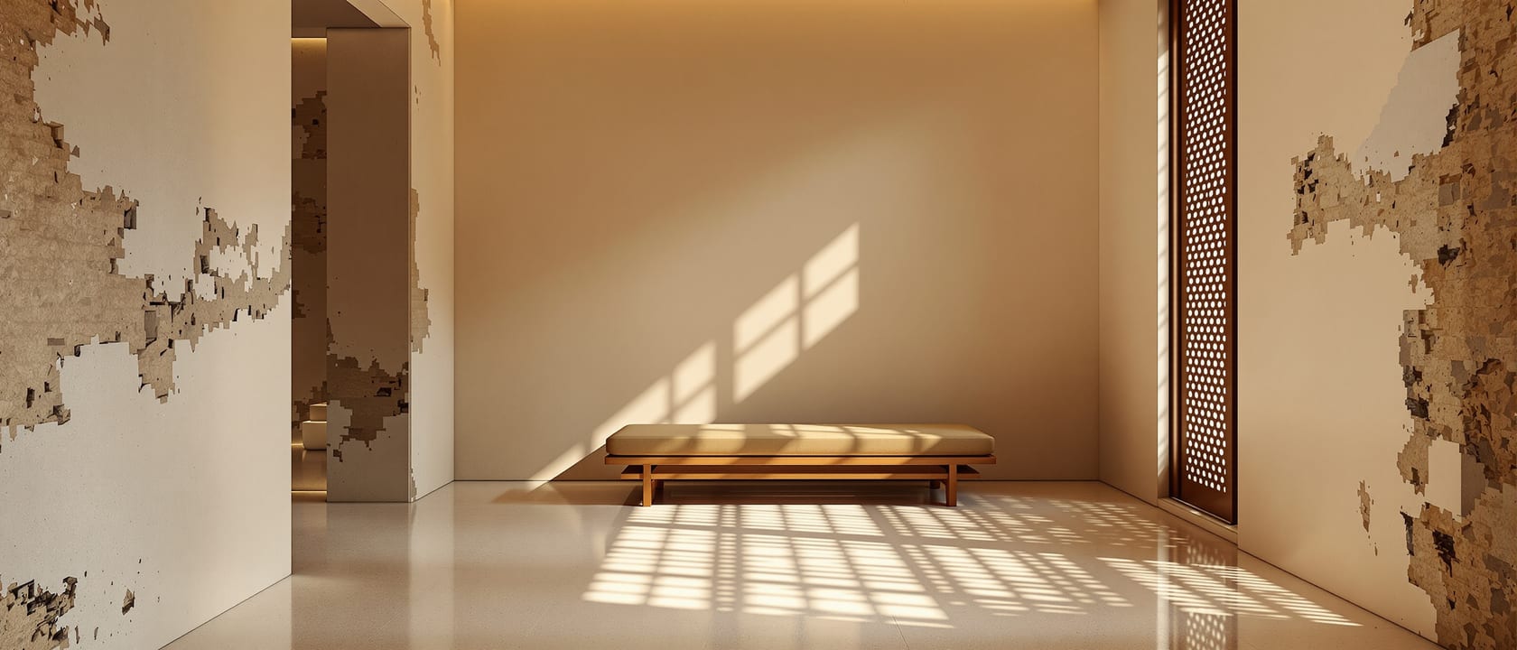 A contemporary new-vernacular Indian interior — a calm room of hand-finished lime-plaster walls, exposed local stone and warm teak, a perforated brick or timber jaali screen filtering soft daylight onto a polished floor, a single handcrafted low seat, tactile and modern, no people, no legible text.