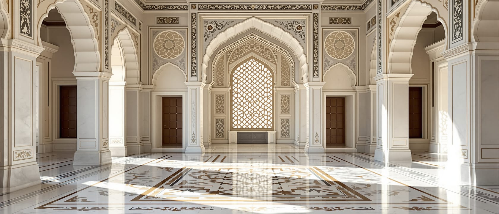 The white-marble interior of a Mughal palace hall — cusped multifoil arches, a carved marble jaali screen casting a lattice of light on an inlaid floor, and pietra dura floral inlay of semi-precious stone in the marble, cool and luminous, no people, no legible text.