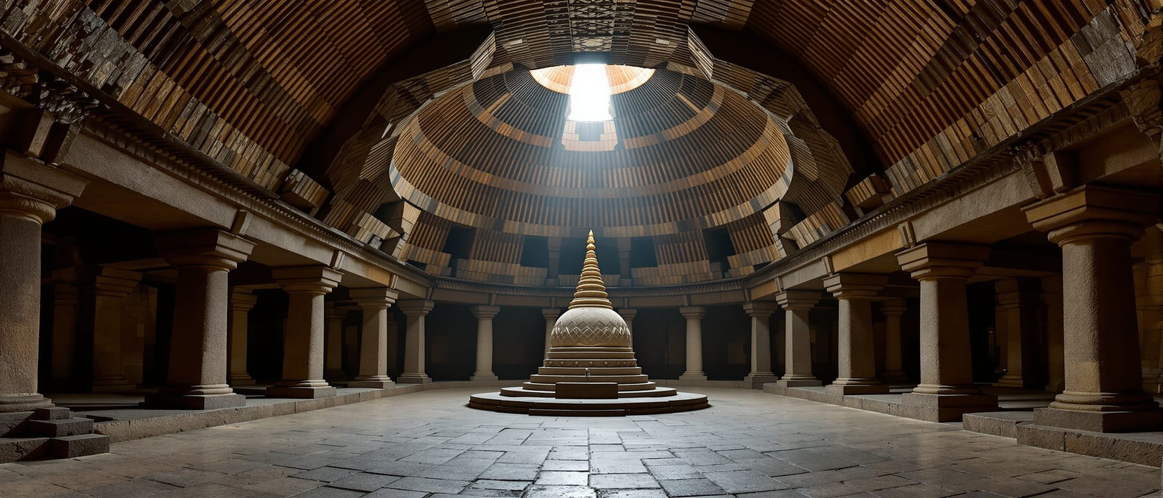The dim stone interior of an ancient Indian rock-cut Buddhist chaitya prayer hall — a barrel-vaulted ceiling with carved ribs, a colonnade of pillars forming aisles, and a rounded stupa at the far apse lit by a shaft of daylight, warm honeyed light, atmospheric, no people, no legible text.
