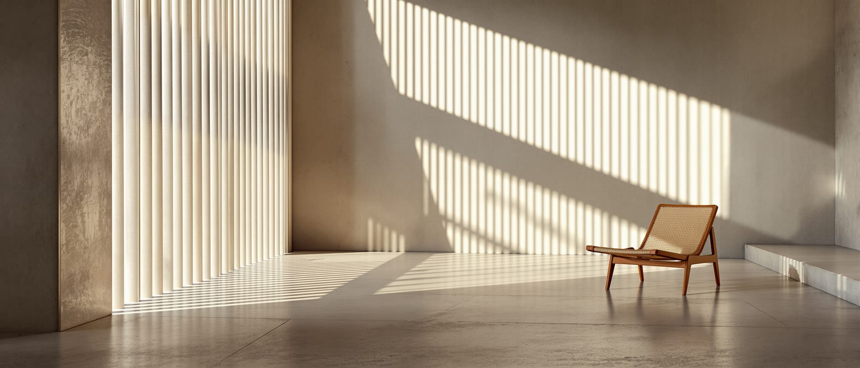 A modern Indian concrete interior in the manner of the mid-century masters — a double-height béton-brut space with a deep brise-soleil sun-breaker screen throwing bold striped shadows across a bare concrete floor, a single caned teak chair, warm raking light, no people, no legible text.