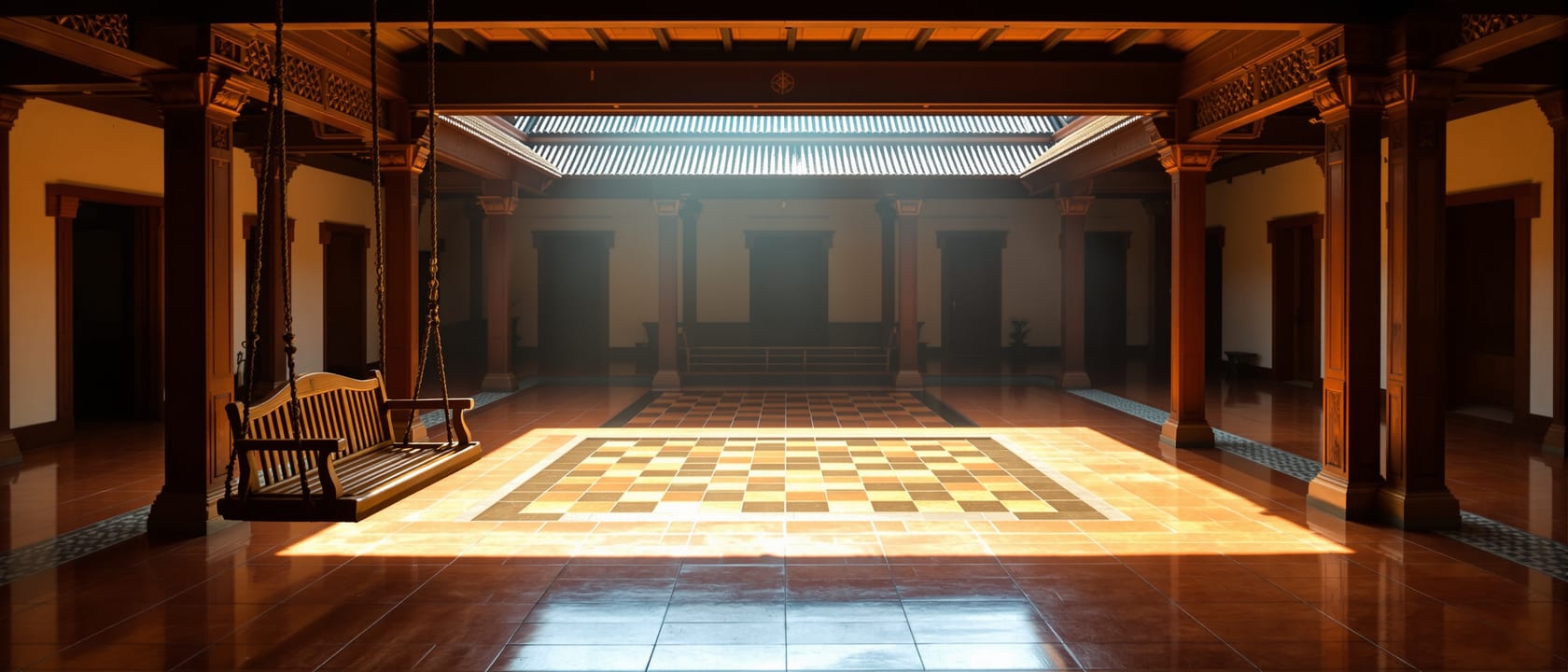 The sunlit inner courtyard of a traditional South Indian Chettinad or Kerala courtyard house — a square open-to-sky nadumuttam ringed by carved timber columns and a shaded verandah, polished red-oxide or Athangudi-tiled floor, a hanging wooden swing to one side, warm daylight pouring down, no people, no legible text.