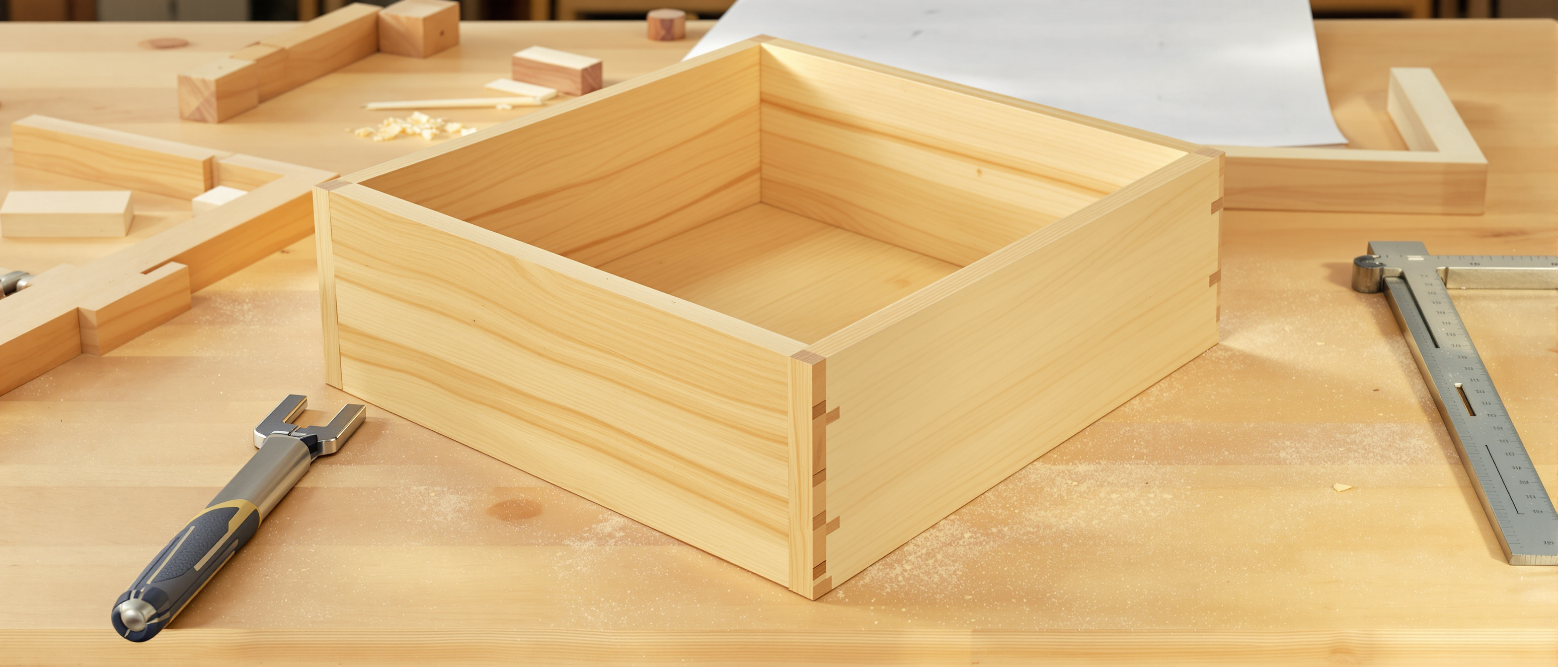 A cabinetmaker's drawing board with an orthographic furniture working drawing beside a half-built timber drawer carcase in warm light