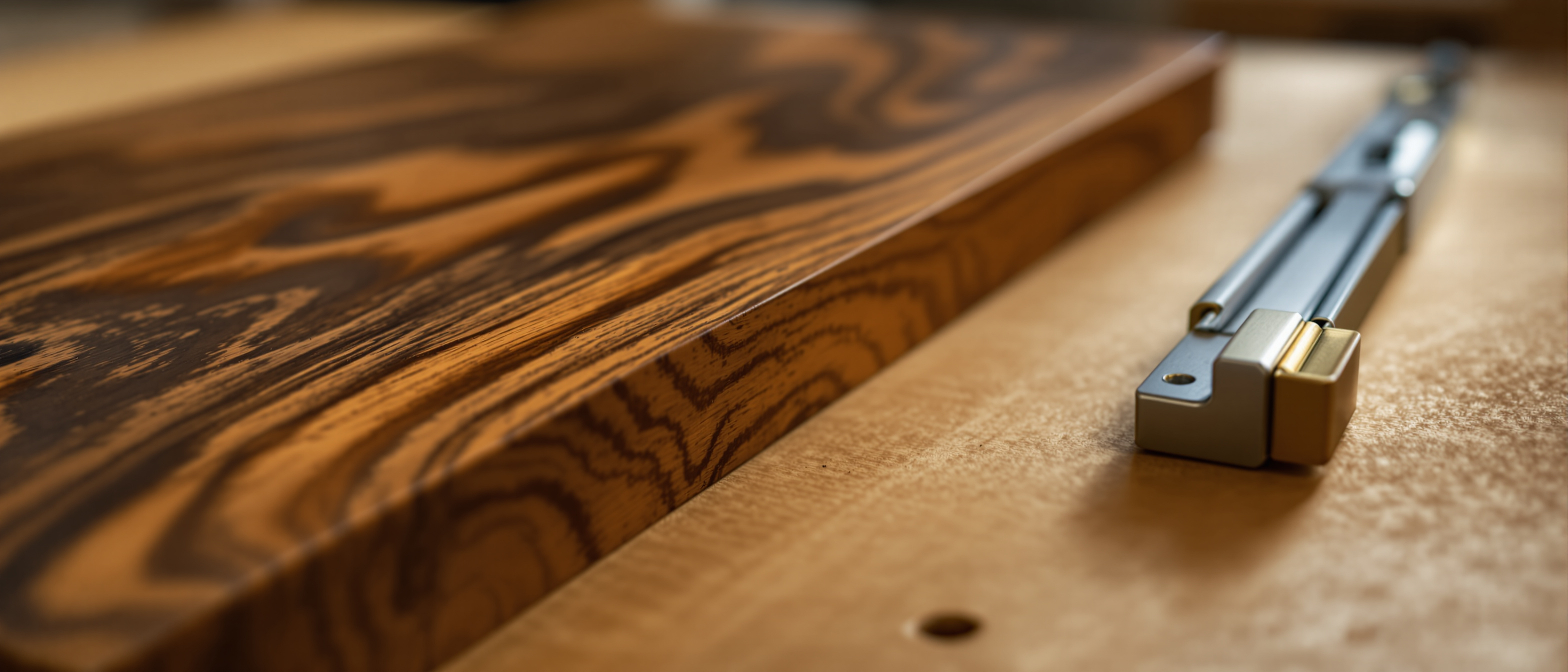A finishing bench with an oiled timber sample glowing beside brushed brass hinges and soft-close drawer slides in warm workshop light