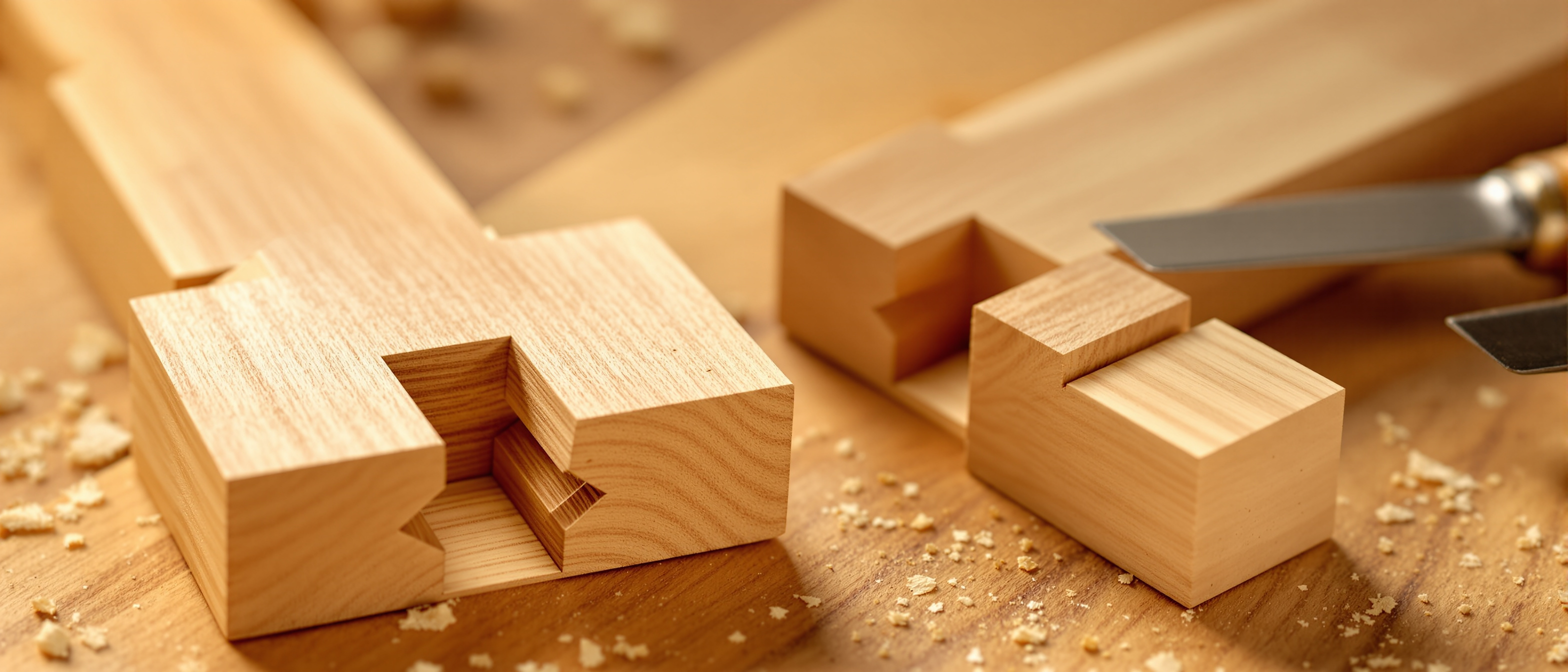 A close-up of hand-cut dovetail and mortise-and-tenon joints in warm hardwood on a workbench, chisels beside them
