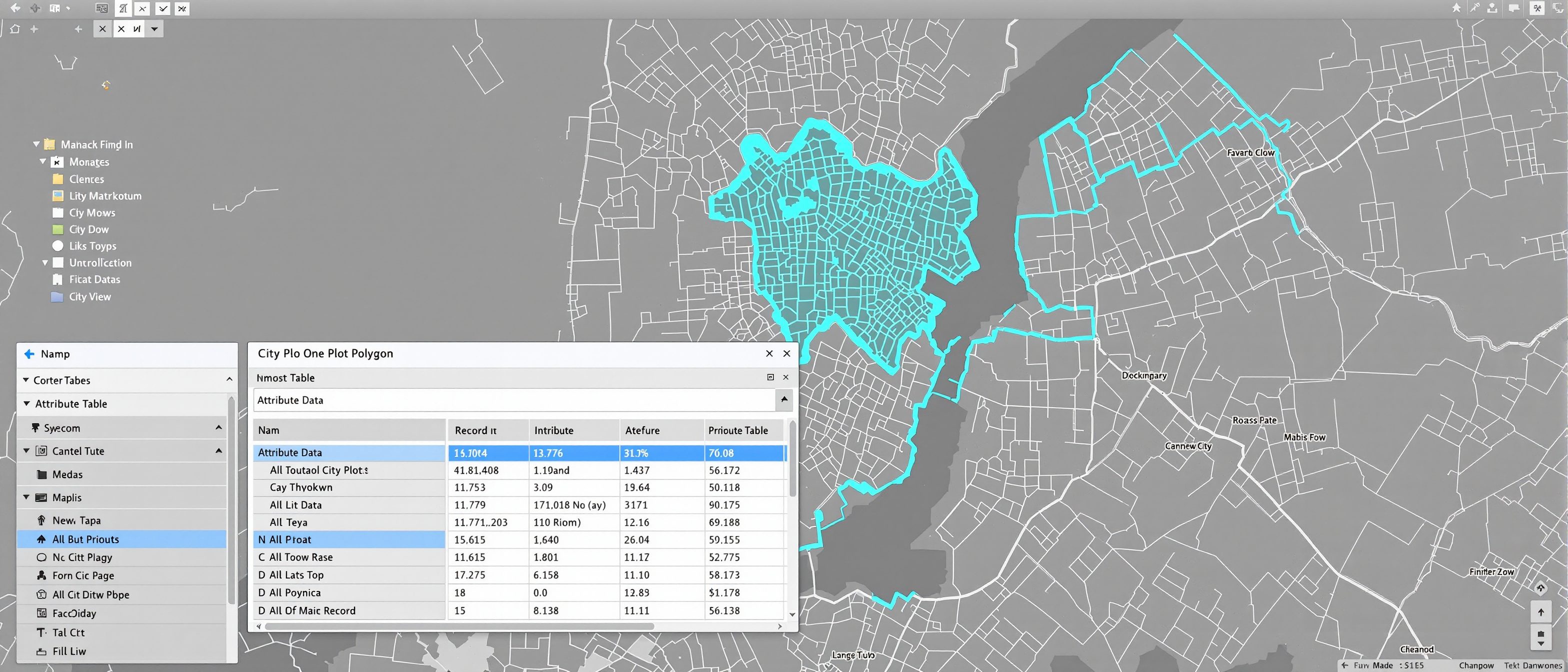 A computer screen showing a GIS where one selected city plot polygon is highlighted and an attribute table of its data is open below, linking the map feature to its record.