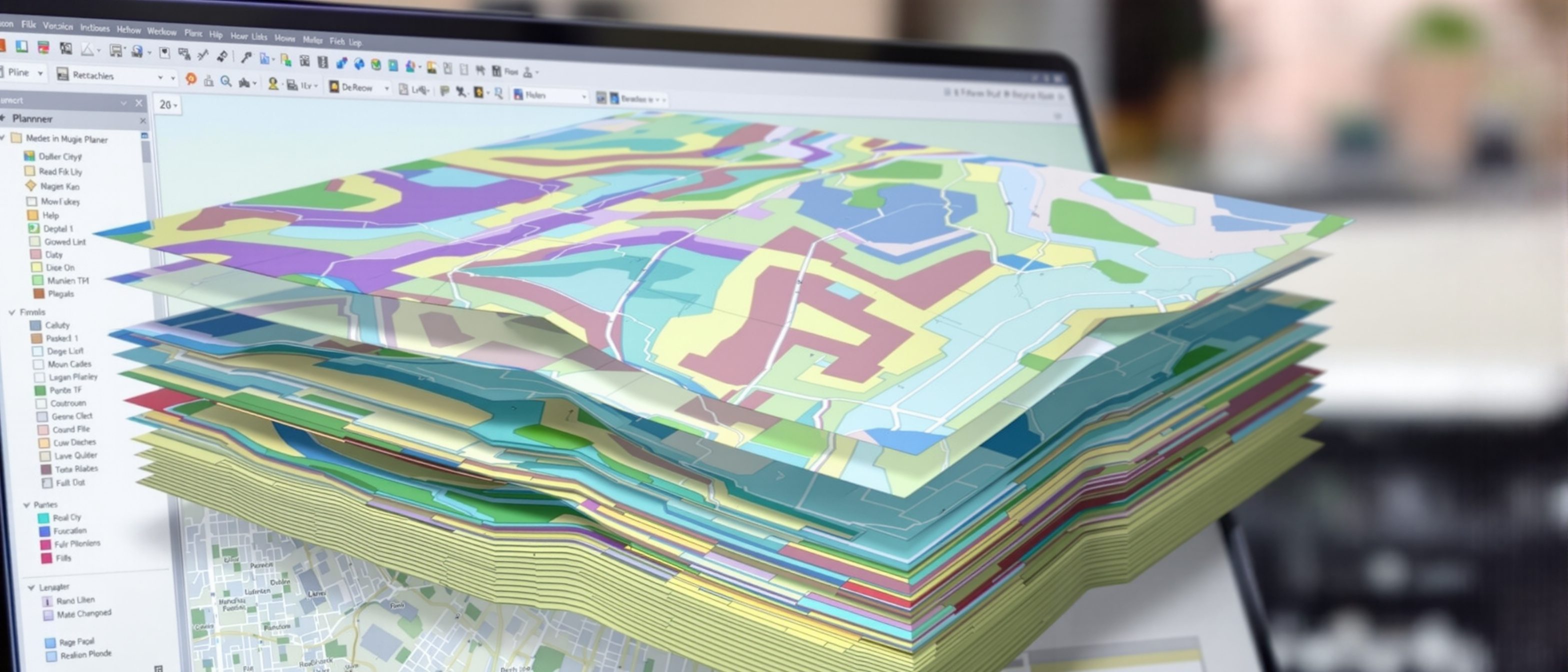 A planner's screen showing a city Geographic Information System with several coloured map layers — roads, land-use zones and contours — stacked and partly peeled apart to reveal the layering.