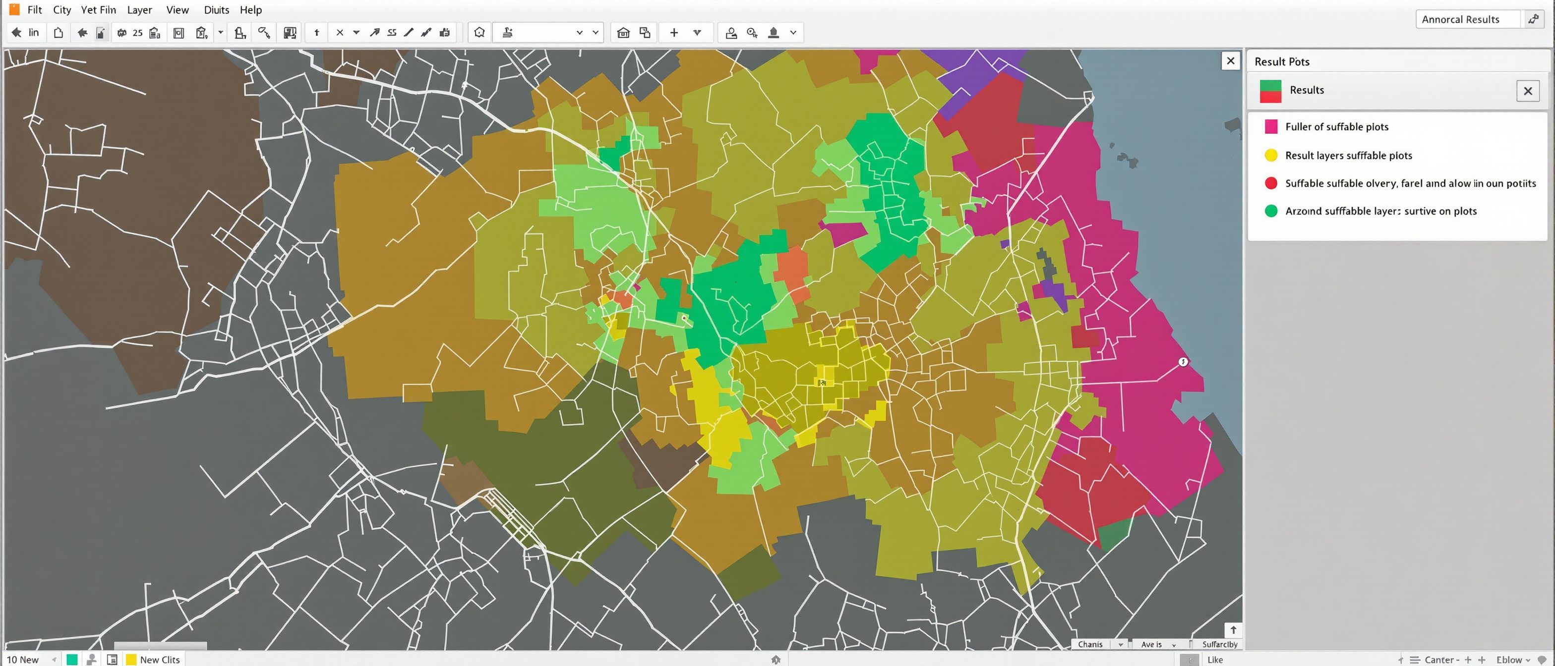 A GIS screen showing a spatial overlay analysis where several coloured city map layers combine into one result layer of highlighted suitable plots, with a small results panel, GIS overlay analysis.