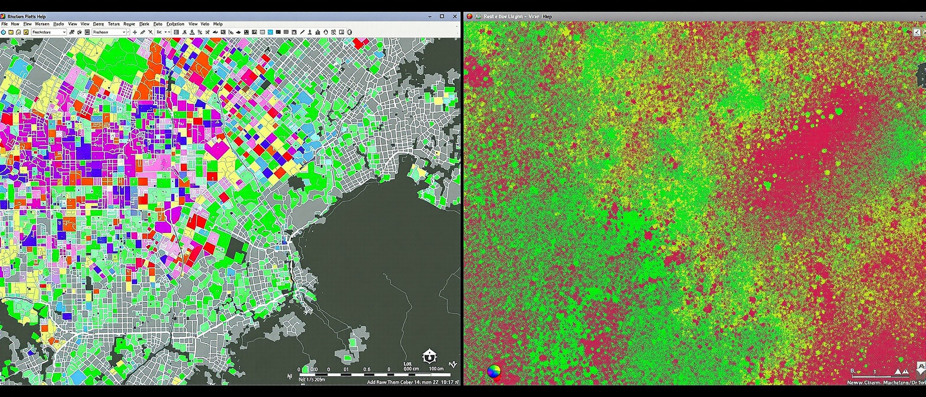 A split computer screen comparing two GIS data structures — on one side crisp vector polygons of city plots and roads, on the other a pixelated raster grid of terrain elevation in colour, vector versus raster.