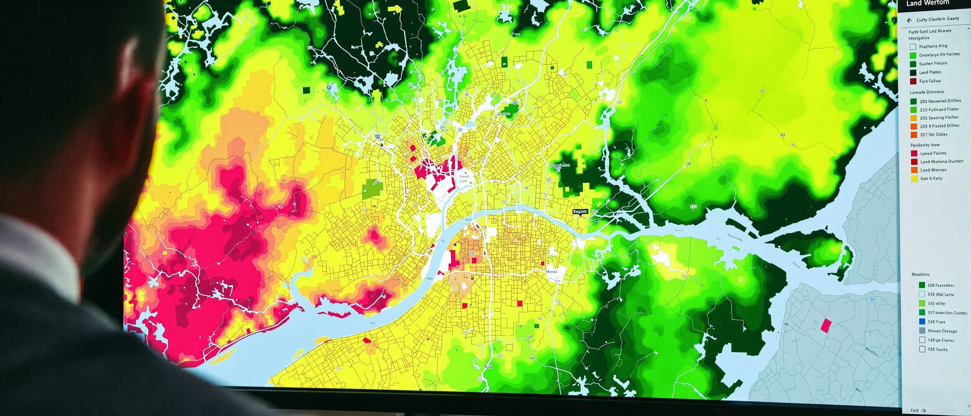 A GIS land-suitability map of a region in graded colours from green (most suitable) to red (least suitable) for urban growth, built from overlaid factor layers, on a planner's screen.