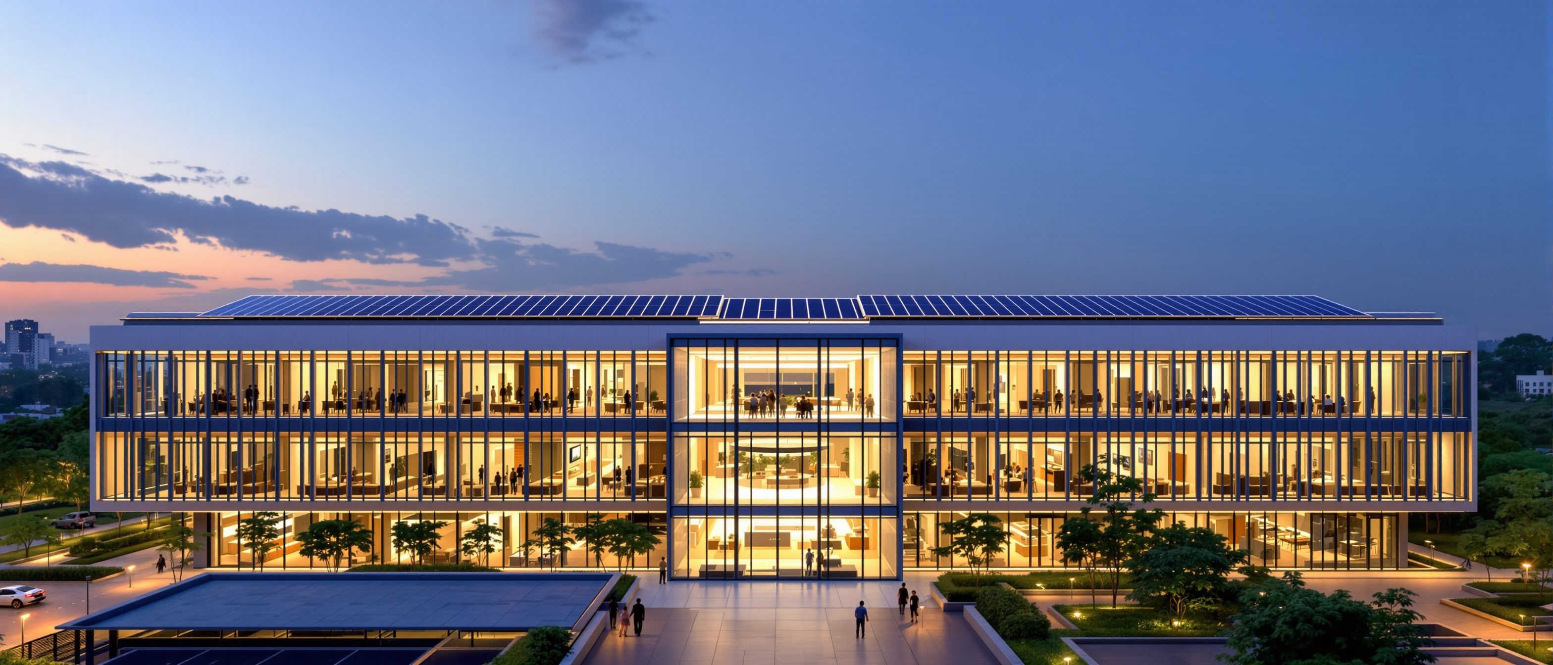 An award-winning Indian green office building at dusk — a daylit atrium, extensive rooftop solar, shaded glazing and landscaped courtyards glowing warmly, an exemplar of certified green design.