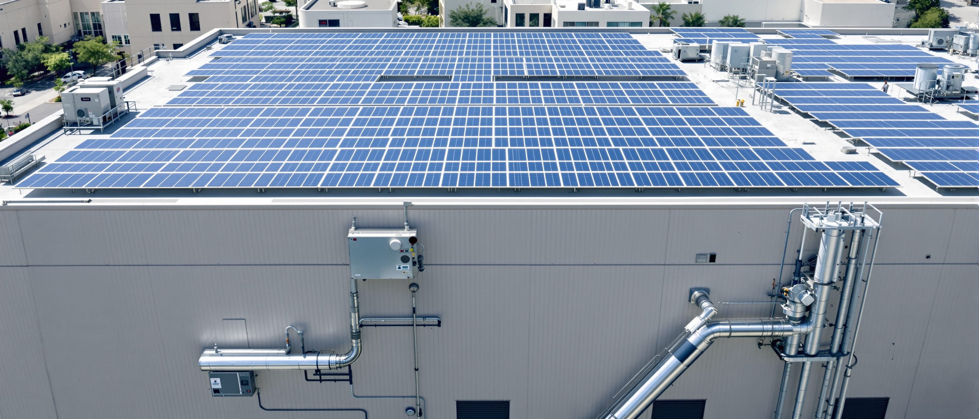A rooftop array of solar photovoltaic panels on a large institutional building beside its HVAC plant, under a bright sky — the operational energy a building's code compliance must reduce.