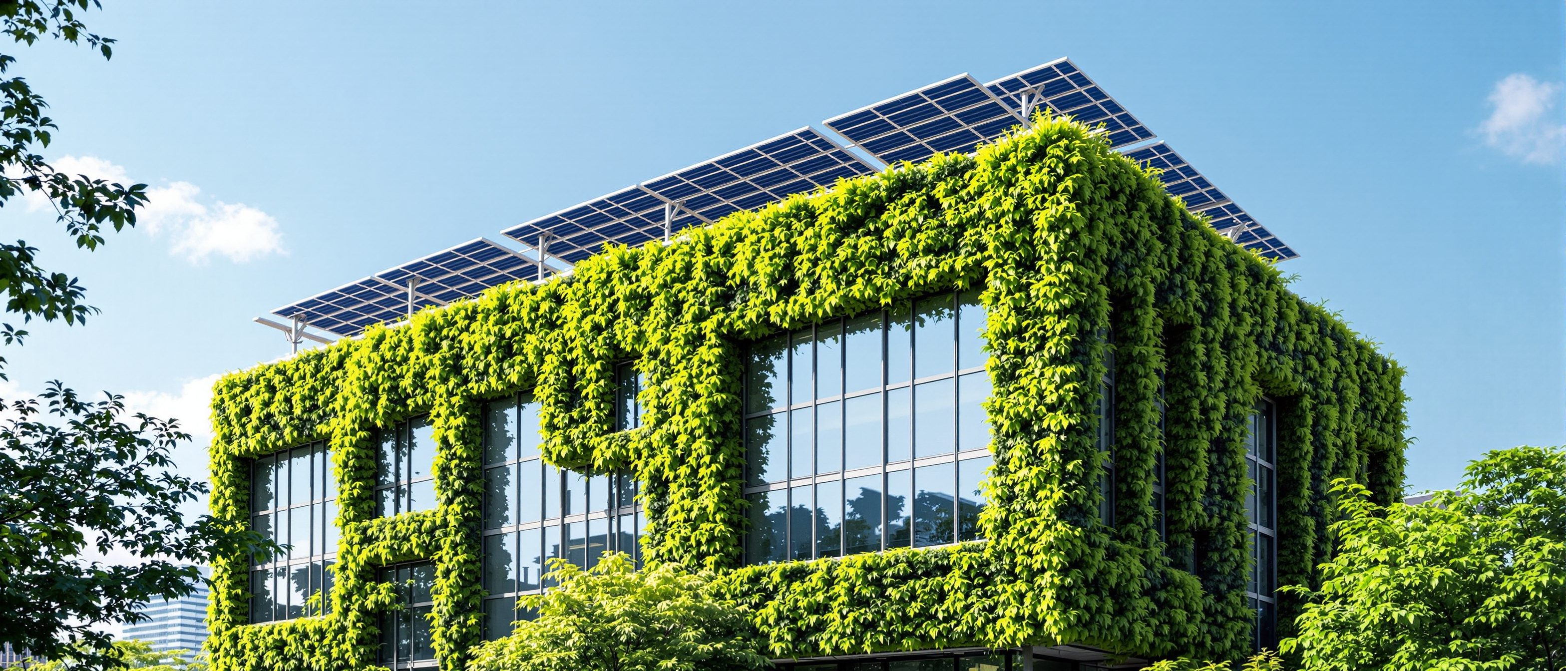A modern green office building with a planted green facade, solar panels on the roof and large shaded windows, under a clear sky — a building designed and certified for low environmental impact.